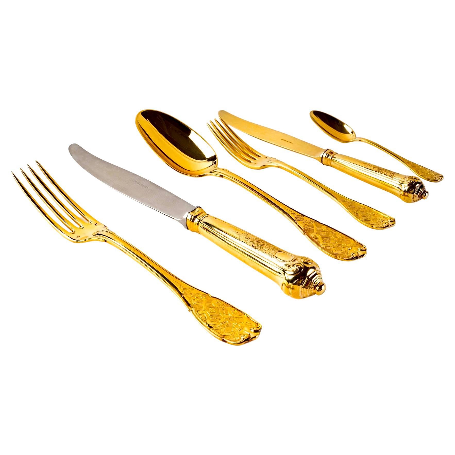 Puiforcat, Elysée Vermeil Gold Sterling Silver Flatware Cutlery Set, 70 Pieces
