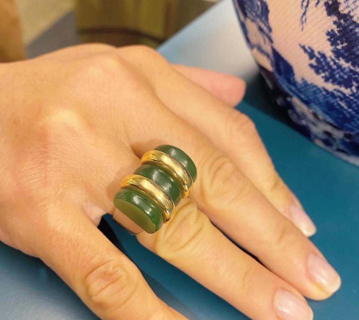 Half Moon Cut Puiforcat Art Deco Nephrite Jade Ring in Sterling Silver and 18 Karat Gold For Sale