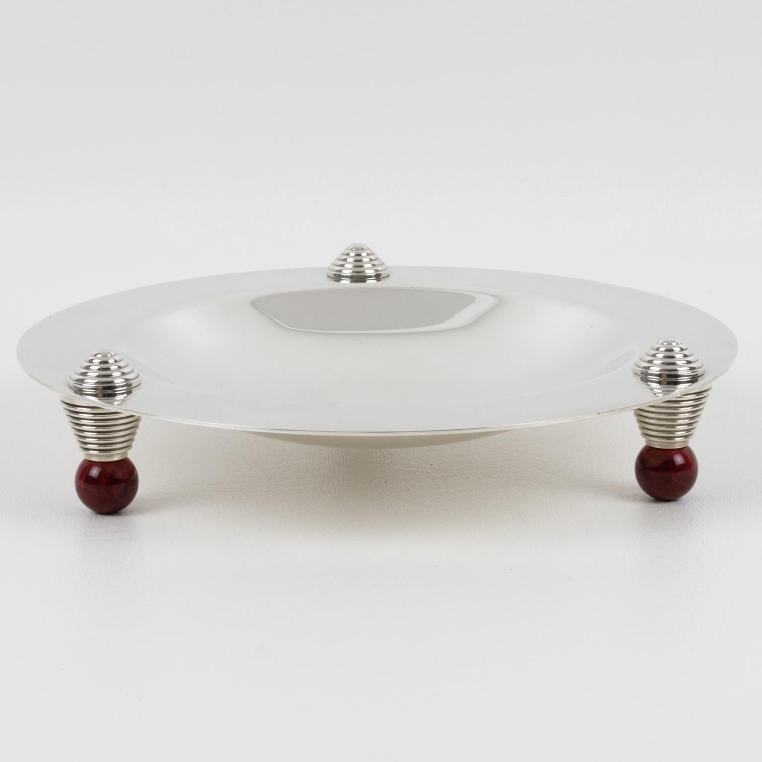A sophisticated Art Deco style silver plate coupe, ring holder, bowl, or centerpiece designed by Puiforcat, France. Jean Puiforcat created this elegant piece in the 1930s, the Art Deco period. Puiforcat France continues editing this collection until
