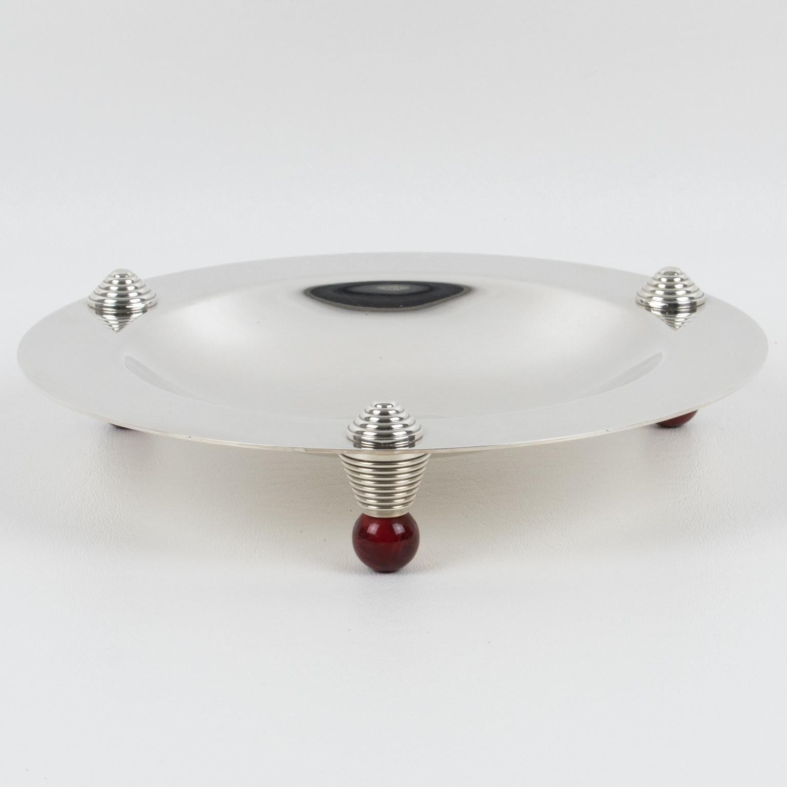 20th Century Puiforcat France Art Deco Silver Plate Bowl Centerpiece with Red Agate Enamel