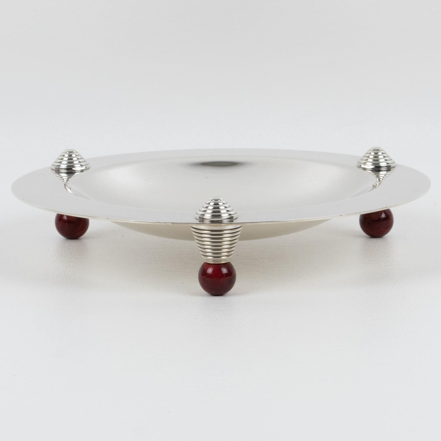 Puiforcat France Art Deco Silver Plate Bowl Centerpiece with Red Agate Enamel 2