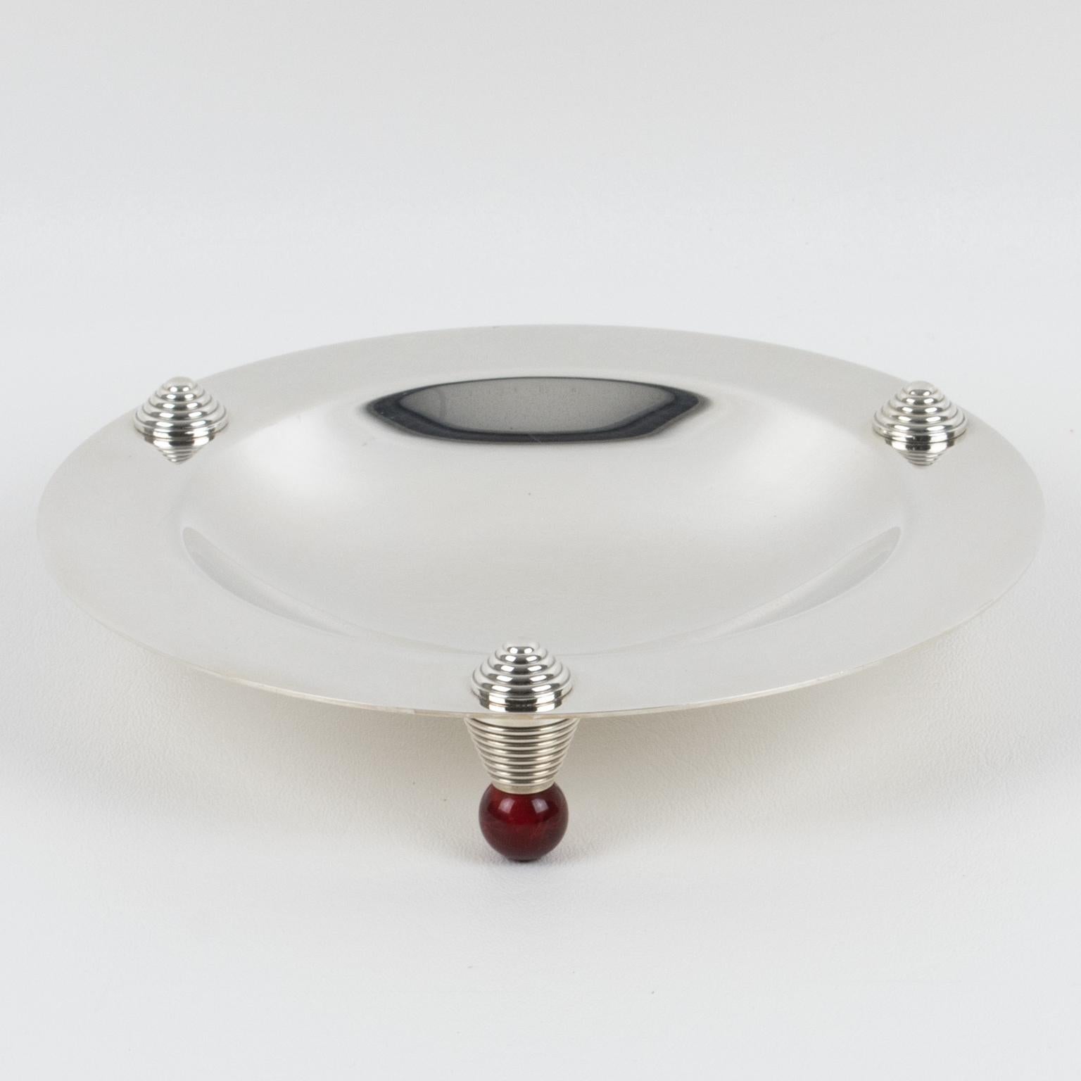 Puiforcat France Art Deco Silver Plate Bowl Centerpiece with Red Agate Enamel 3
