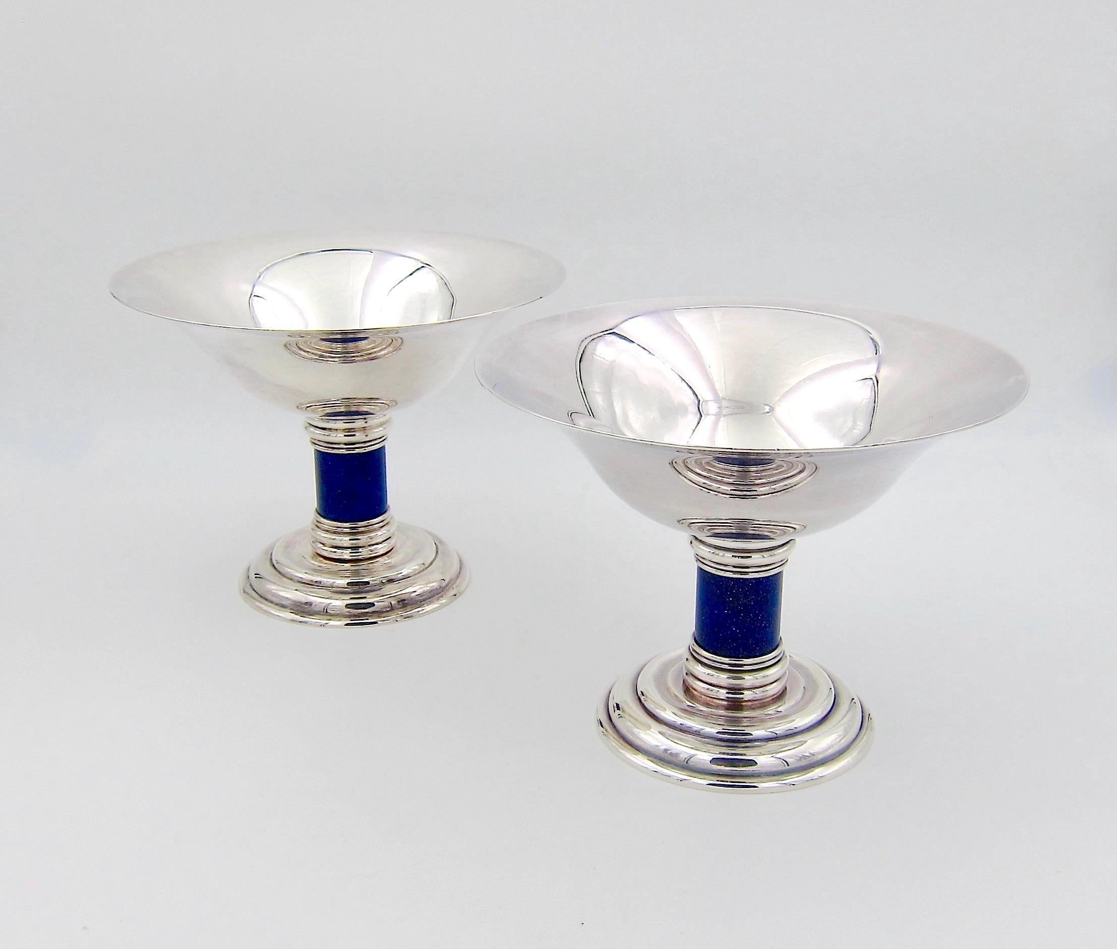 Silvered Puiforcat French Art Deco Flaring Tazza Pair with Faux Lapis Lazuli Stems