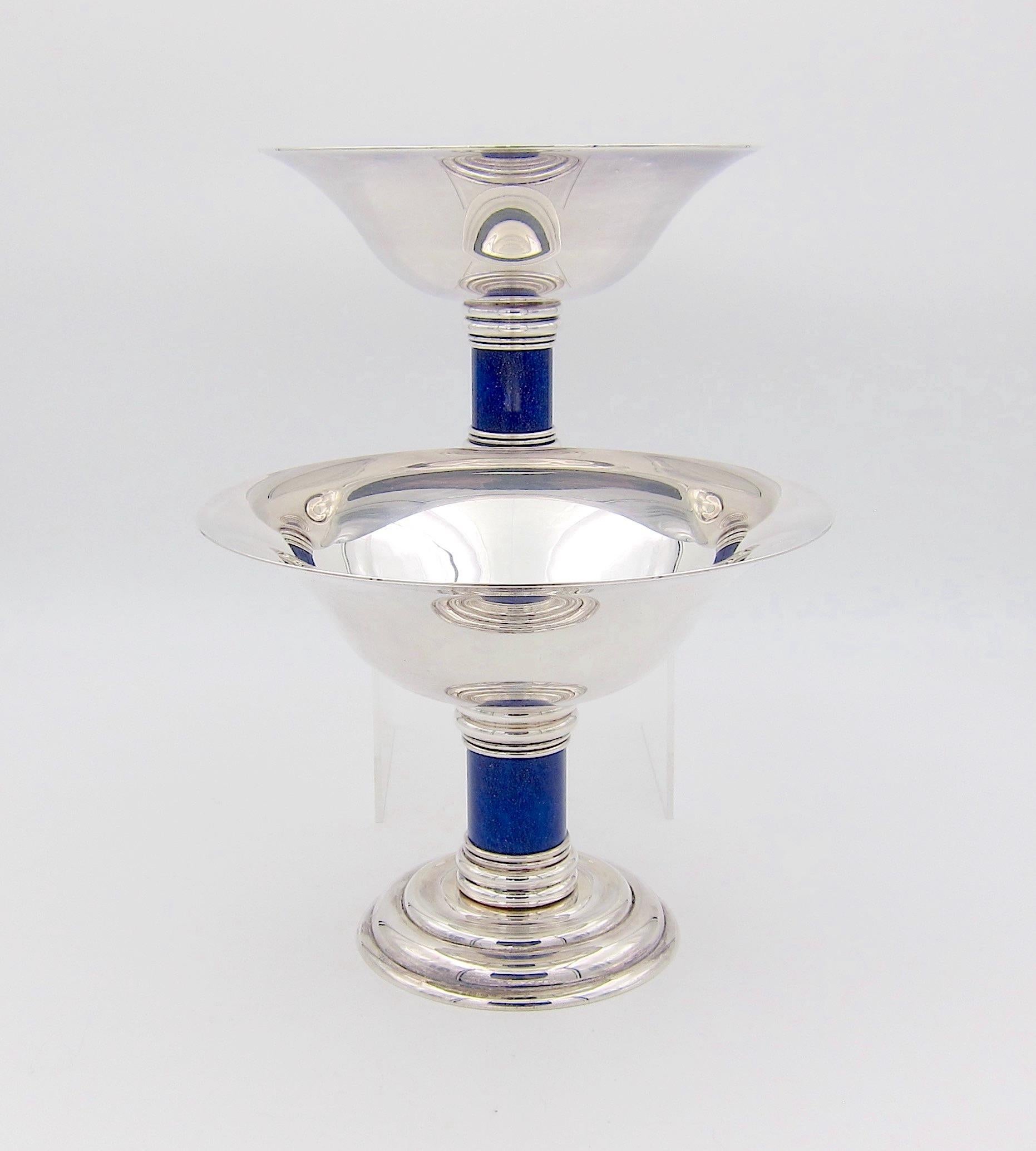 Puiforcat French Art Deco Flaring Tazza Pair with Faux Lapis Lazuli Stems In Good Condition In Los Angeles, CA