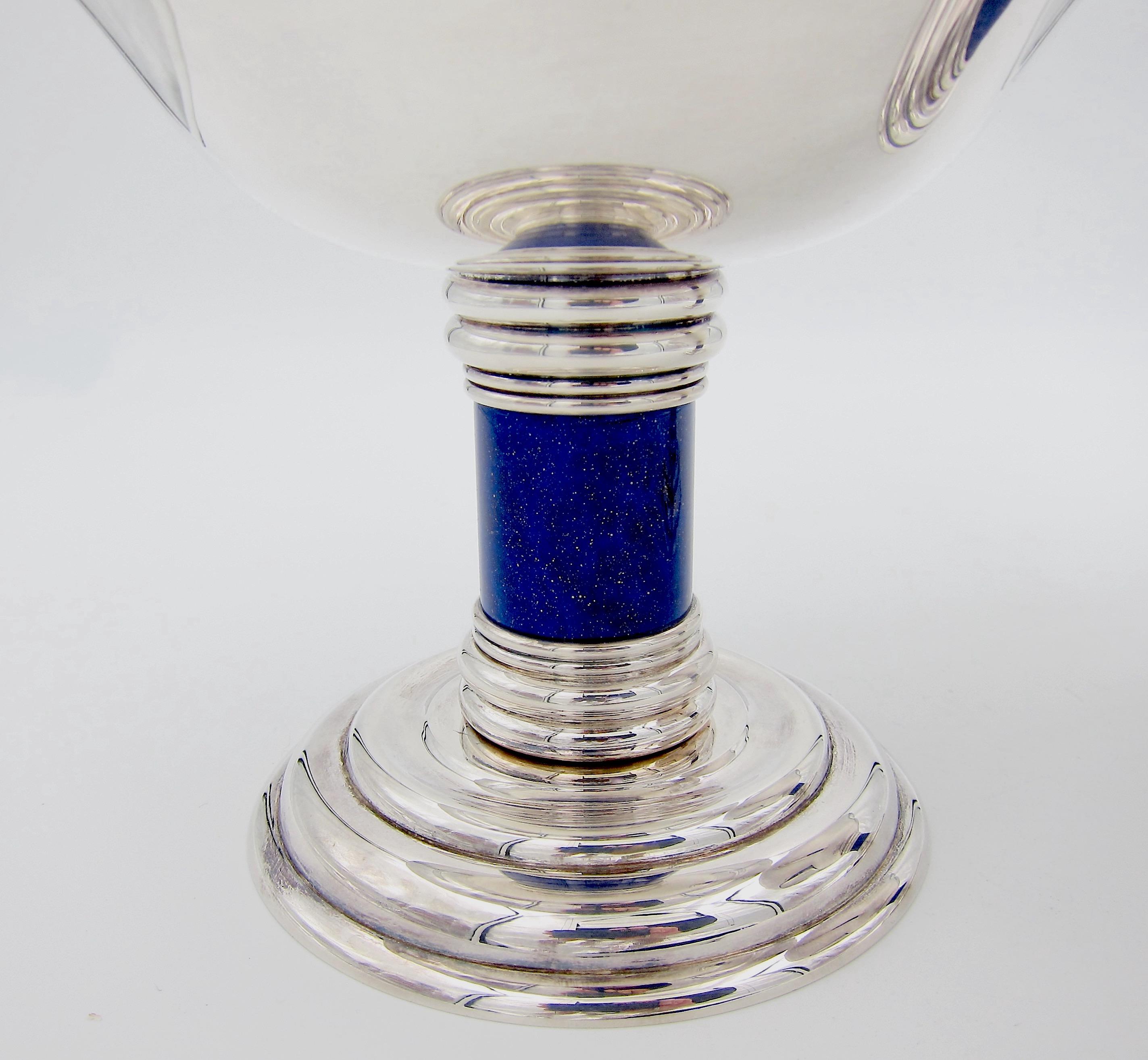 Puiforcat French Art Deco Flaring Tazza Pair with Faux Lapis Lazuli Stems 2
