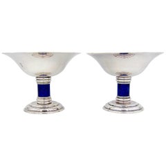 Puiforcat French Art Deco Flaring Tazza Pair with Faux Lapis Lazuli Stems