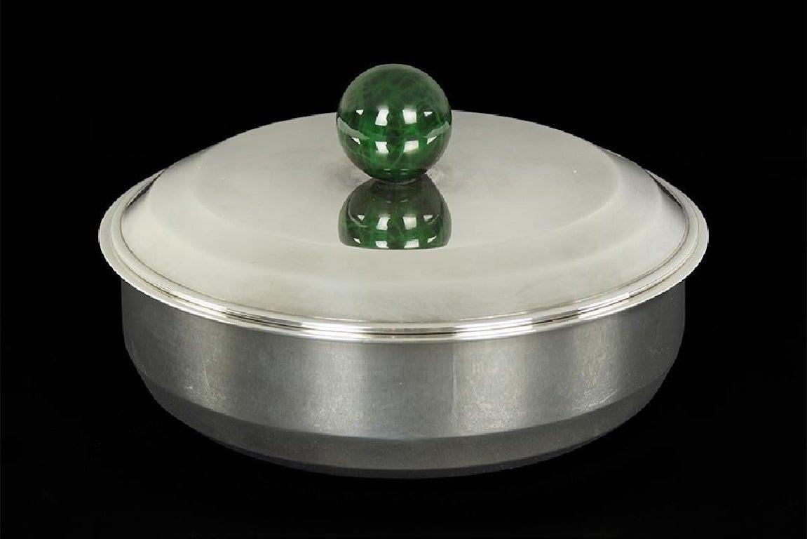 Puiforcat French Art Deco Silver-Plate Bonbonniere Box with Green Enamel Finial 9