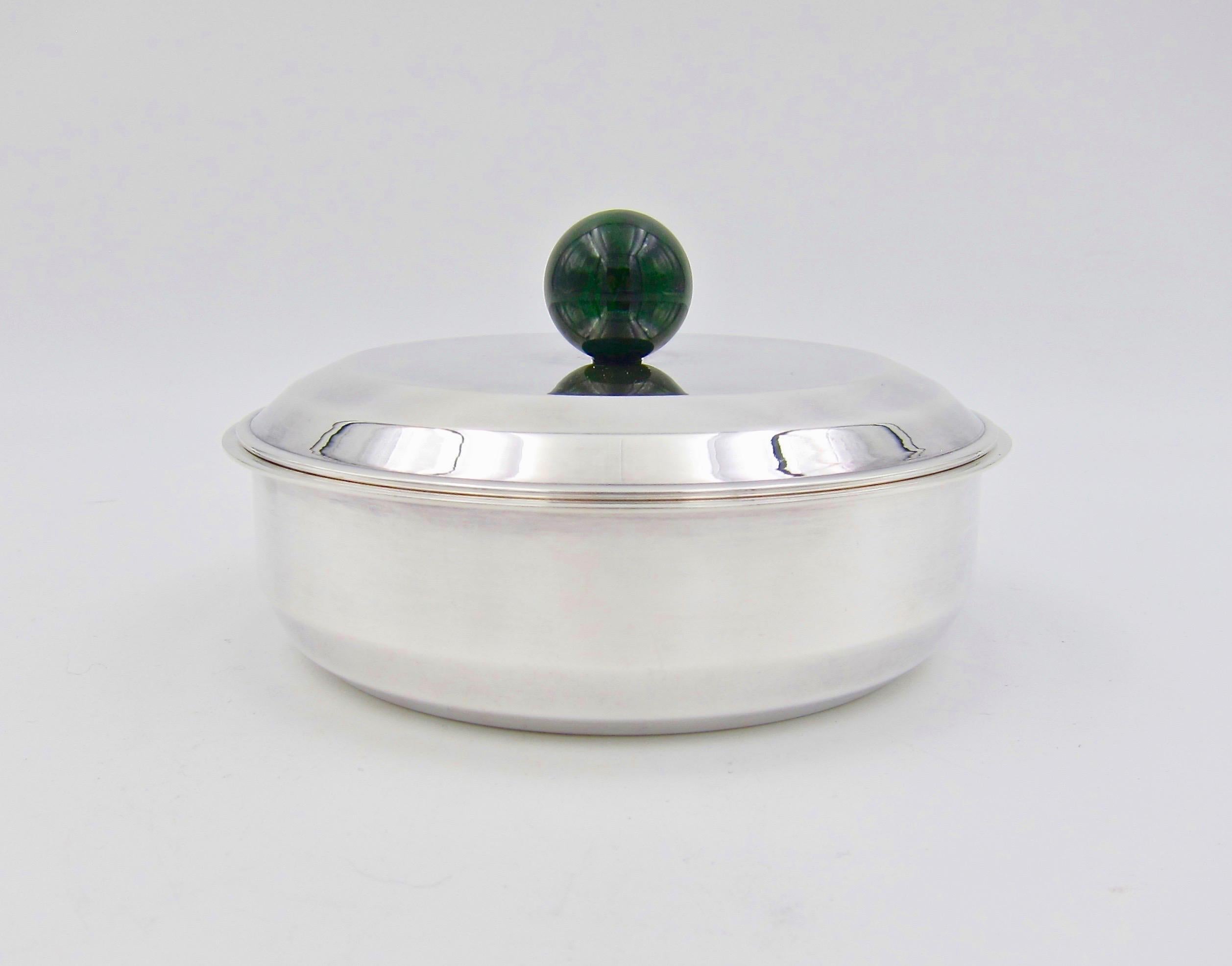 Puiforcat French Art Deco Silver-Plate Bonbonniere Box with Green Enamel Finial In Good Condition In Los Angeles, CA