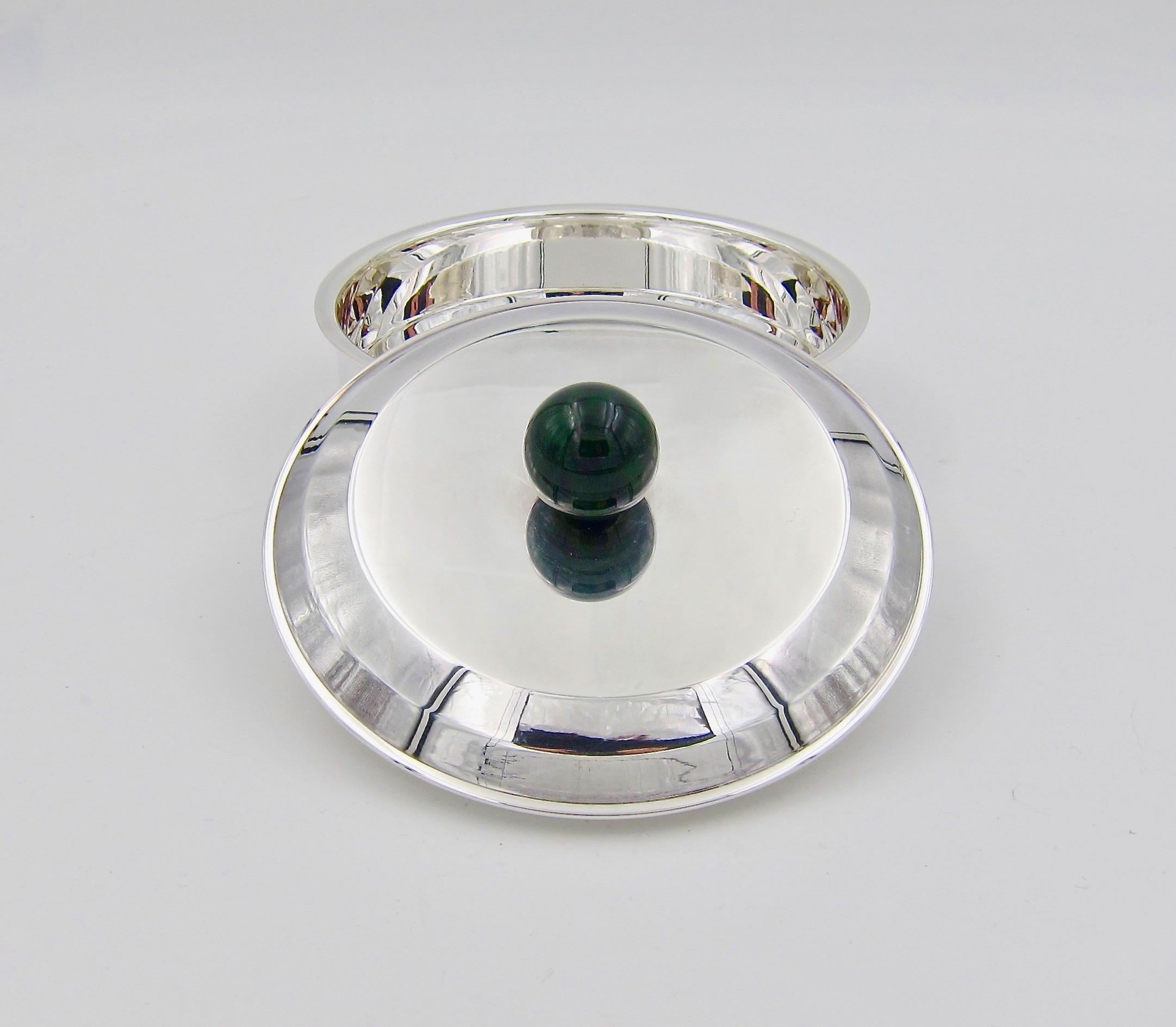 Puiforcat French Art Deco Silver-Plate Bonbonniere Box with Green Enamel Finial 1