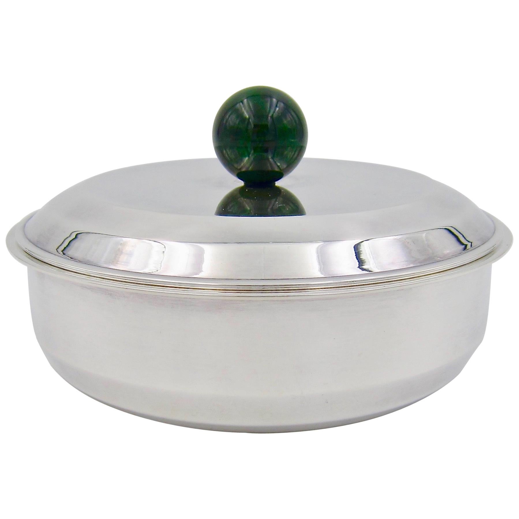 Puiforcat French Art Deco Silver-Plate Bonbonniere Box with Green Enamel Finial