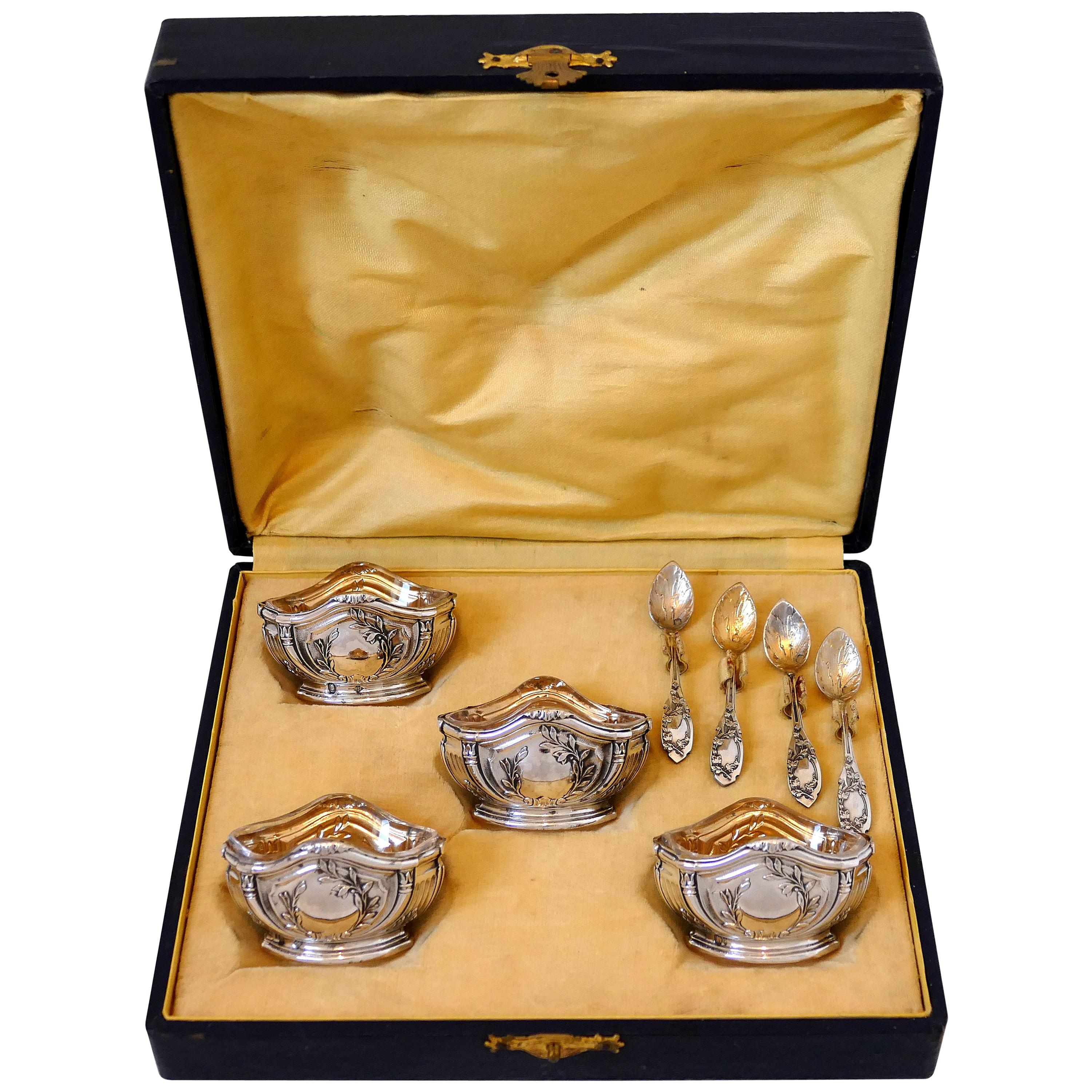 Puiforcat French Sterling Silver 18-Karat Gold 4 Salt Cellars, Spoons Box Empire For Sale