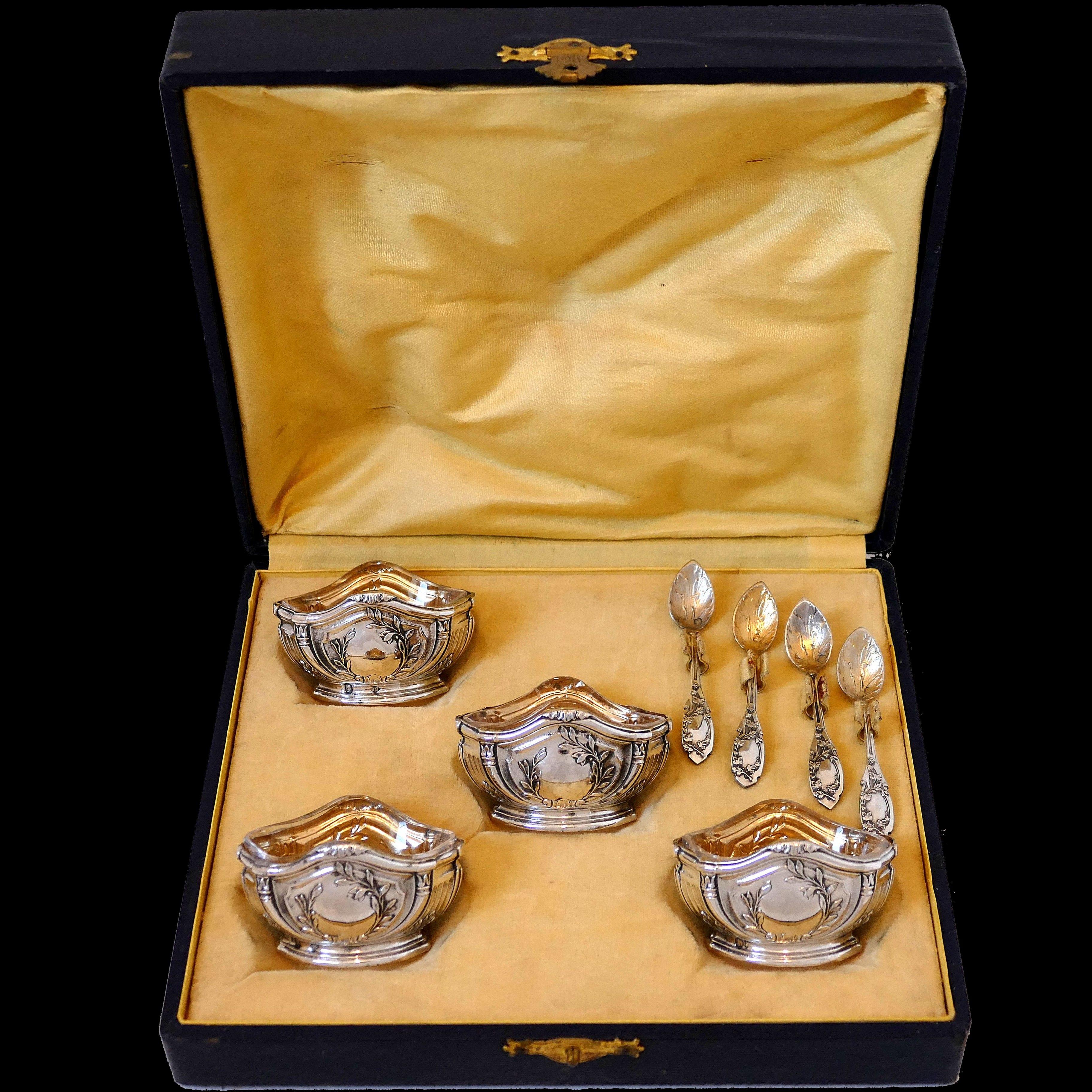 Puiforcat French Sterling Silver 18-Karat Gold 4 Salt Cellars, Spoons Box Empire For Sale 6