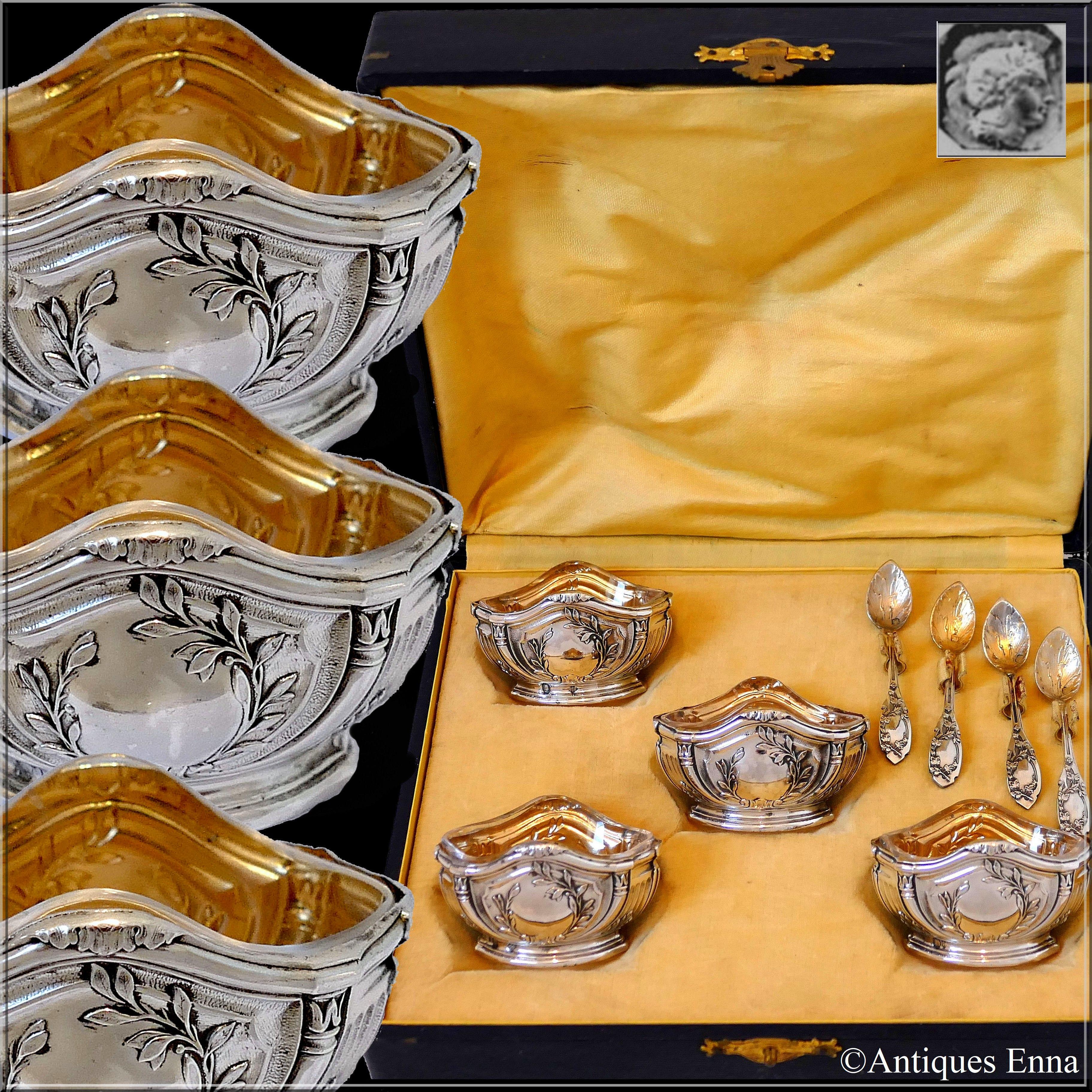 Head of Minerve 1st titre on salt cellars and spoons for 950/1000 French sterling silver guarantee. The quality of the gold used to recover sterling silver is a minimum of 750 mils (18-Karat).

Fabulous antique 19th century French sterling silver