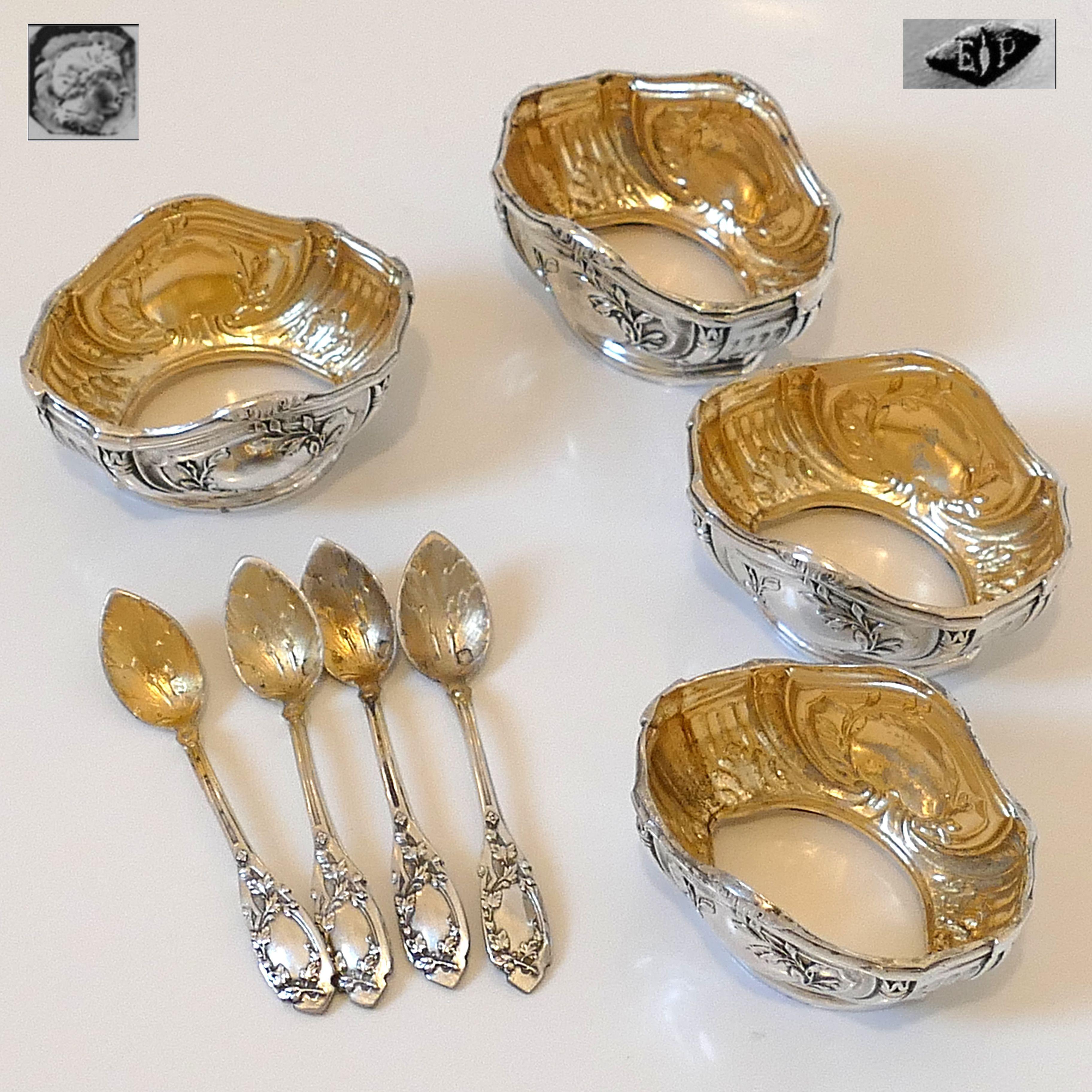 Puiforcat French Sterling Silver 18-Karat Gold 4 Salt Cellars, Spoons Box Empire In Good Condition For Sale In TRIAIZE, PAYS DE LOIRE