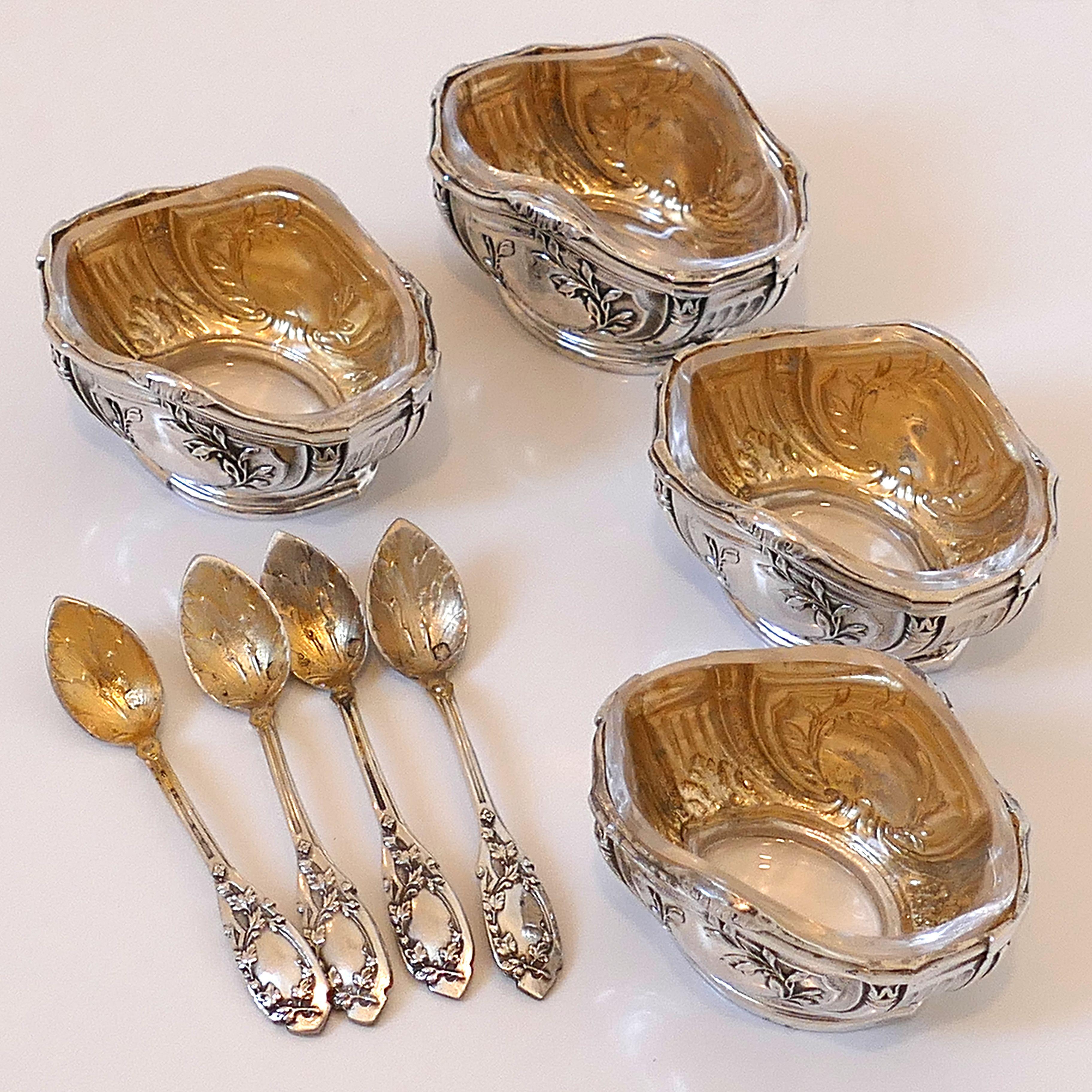 Puiforcat French Sterling Silver 18-Karat Gold 4 Salt Cellars, Spoons Box Empire For Sale 1