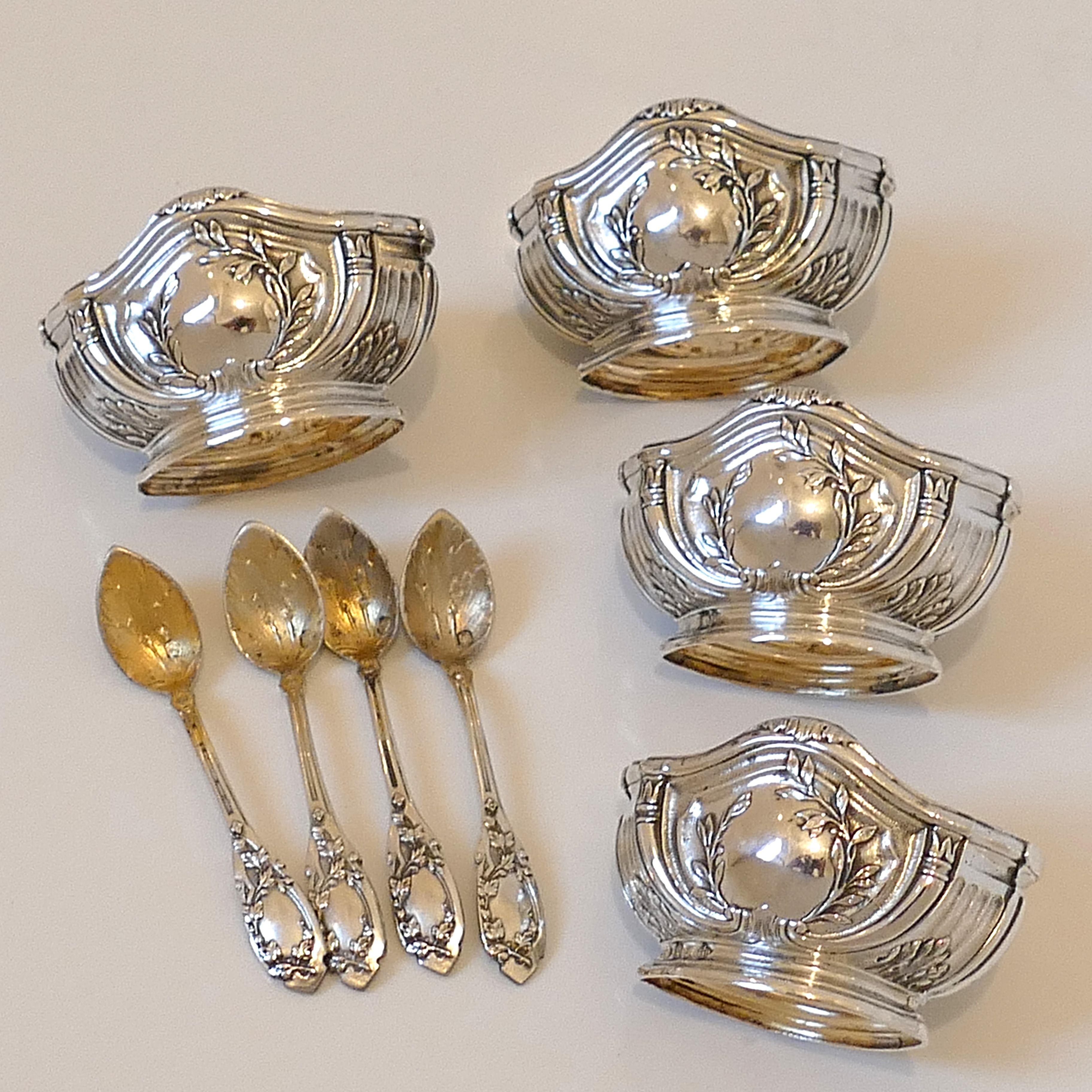 Puiforcat French Sterling Silver 18-Karat Gold 4 Salt Cellars, Spoons Box Empire For Sale 2