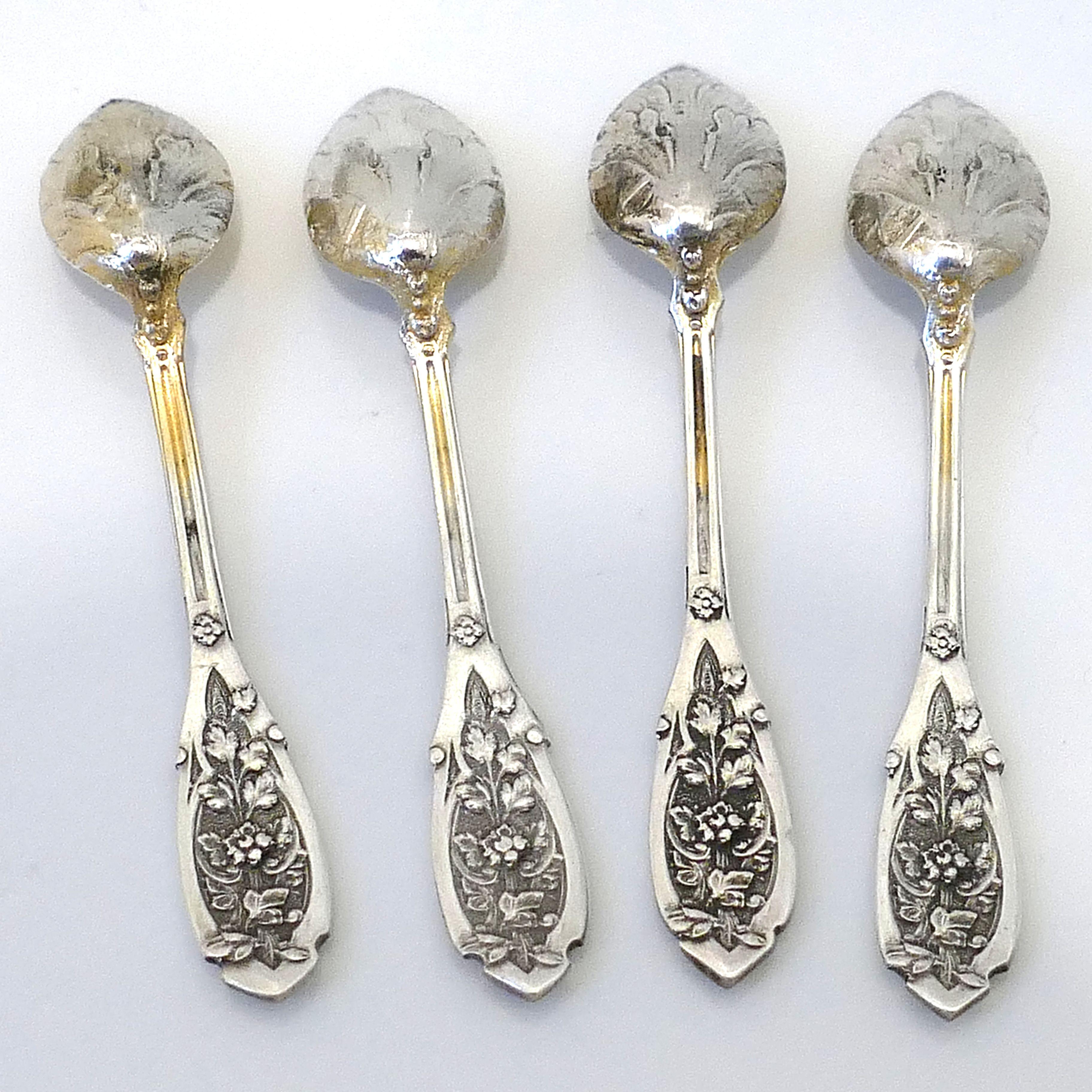 Puiforcat French Sterling Silver 18-Karat Gold 4 Salt Cellars, Spoons Box Empire For Sale 3