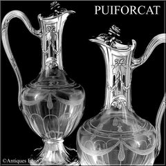 Puiforcat French Sterling Silver 18k Gold Cut Crystal Claret Jug, Ewer, Decanter