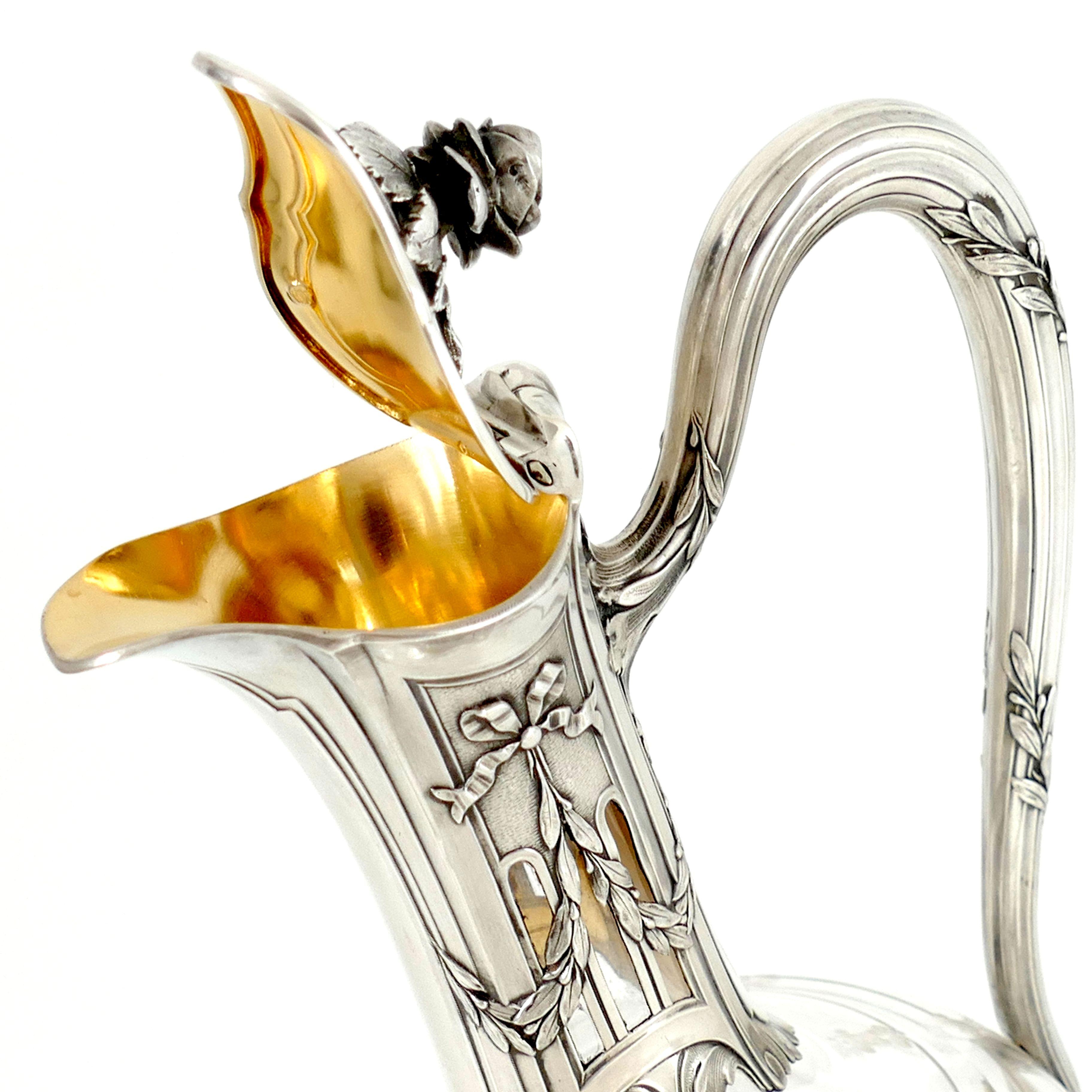 Neoclassical Puiforcat French Sterling Silver 18k Gold Cut Crystal Claret Jug, Ewer, Decanter For Sale