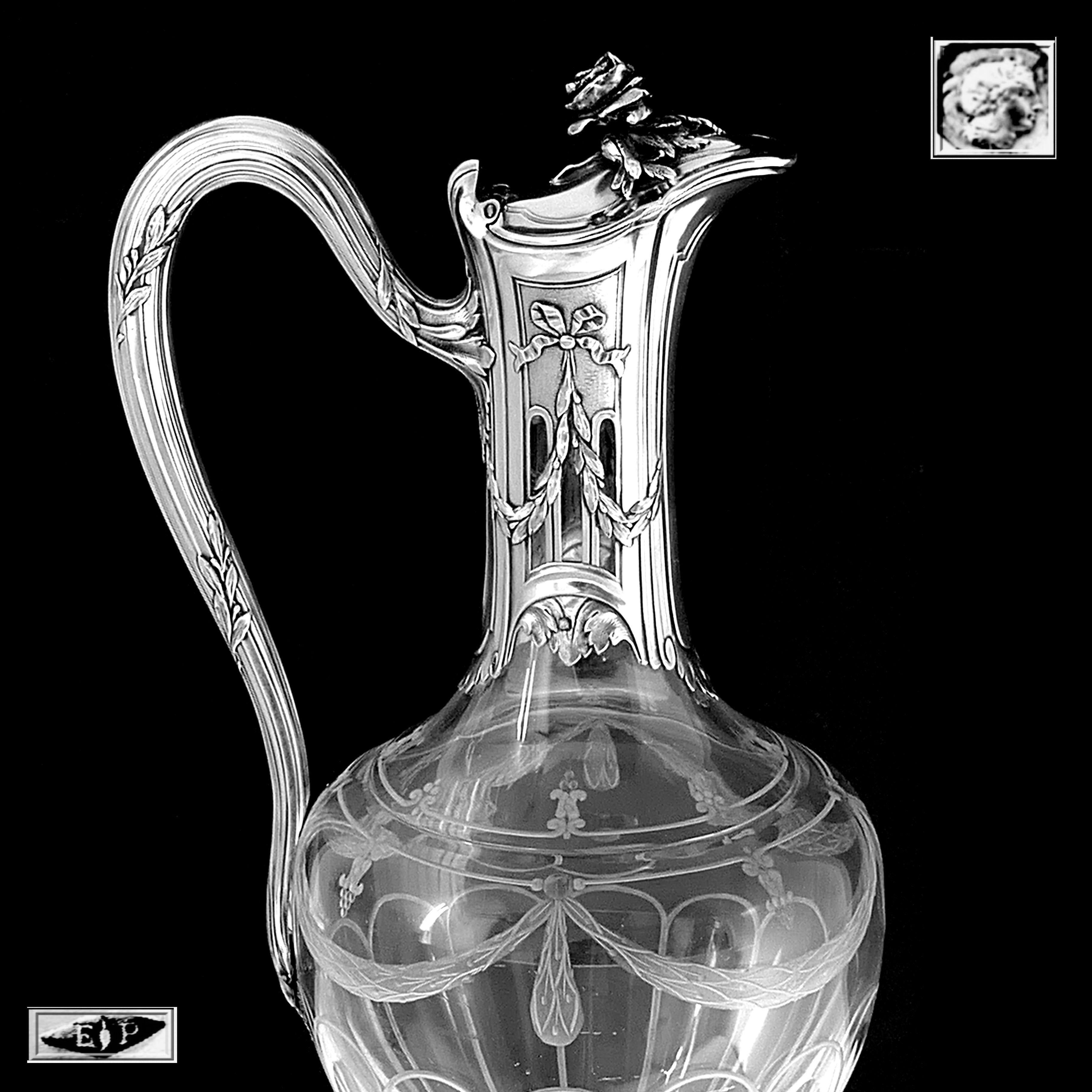 Engraved Puiforcat French Sterling Silver 18k Gold Cut Crystal Claret Jug, Ewer, Decanter For Sale