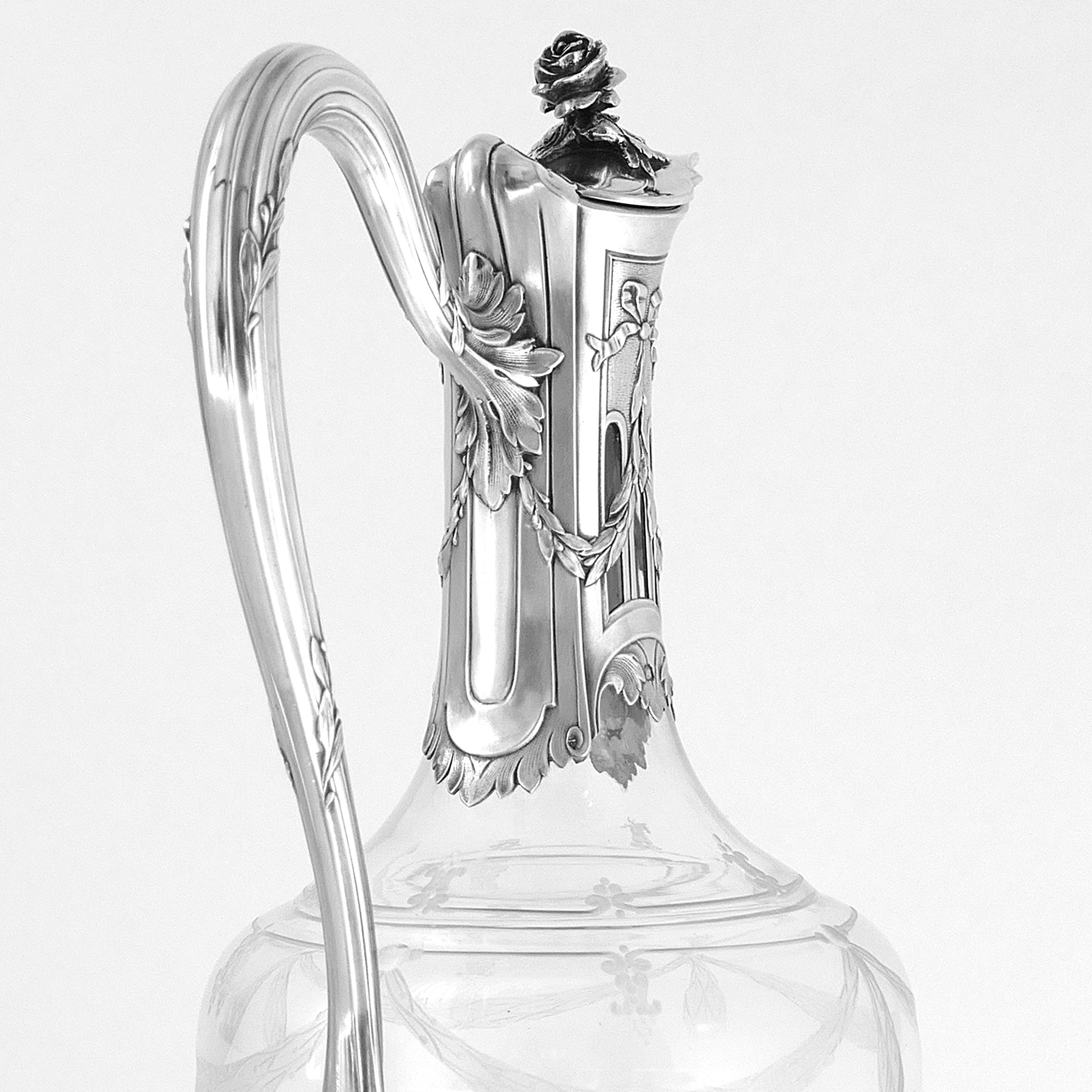 Late 19th Century Puiforcat French Sterling Silver 18k Gold Cut Crystal Claret Jug, Ewer, Decanter For Sale