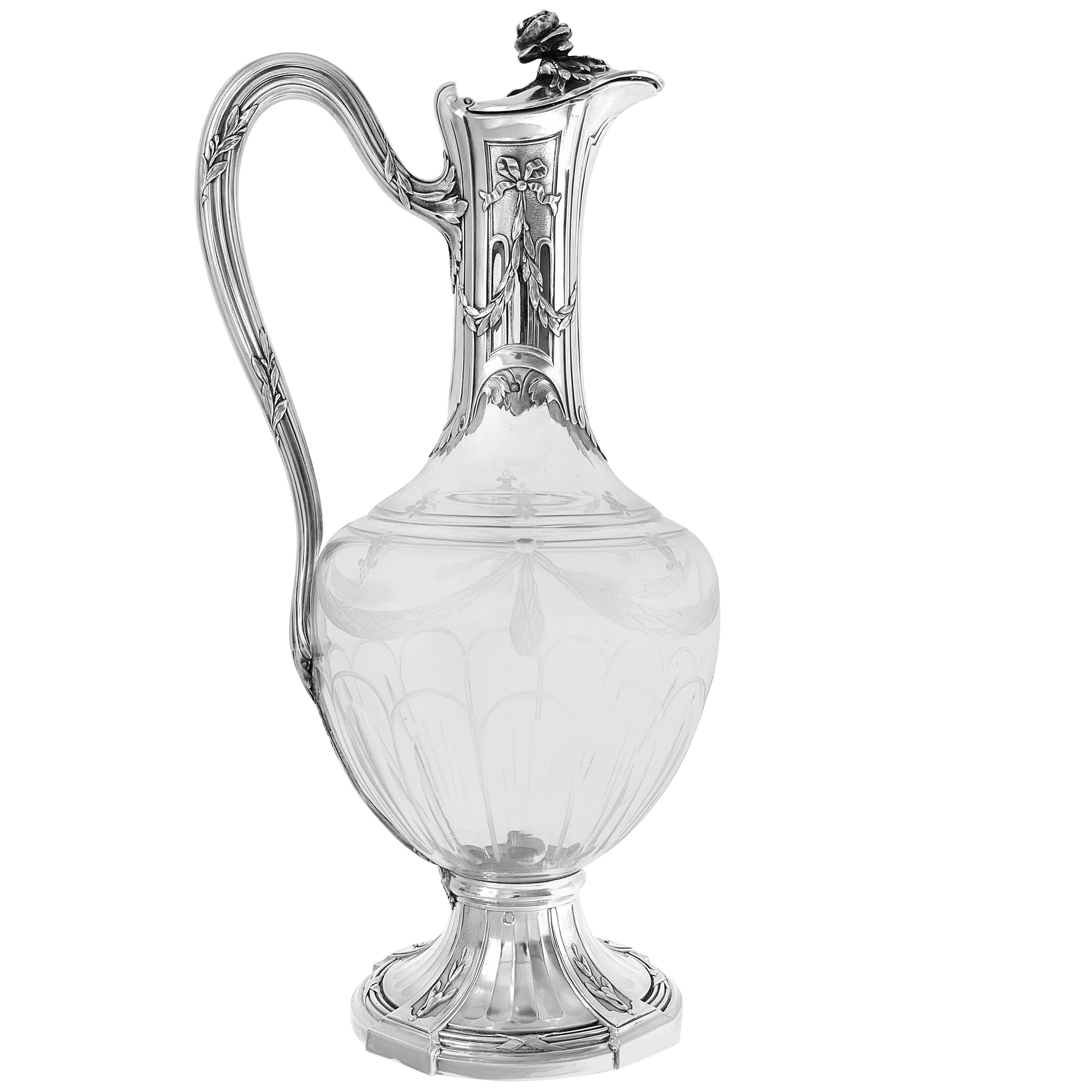 Puiforcat French Sterling Silver 18k Gold Cut Crystal Claret Jug, Ewer, Decanter For Sale