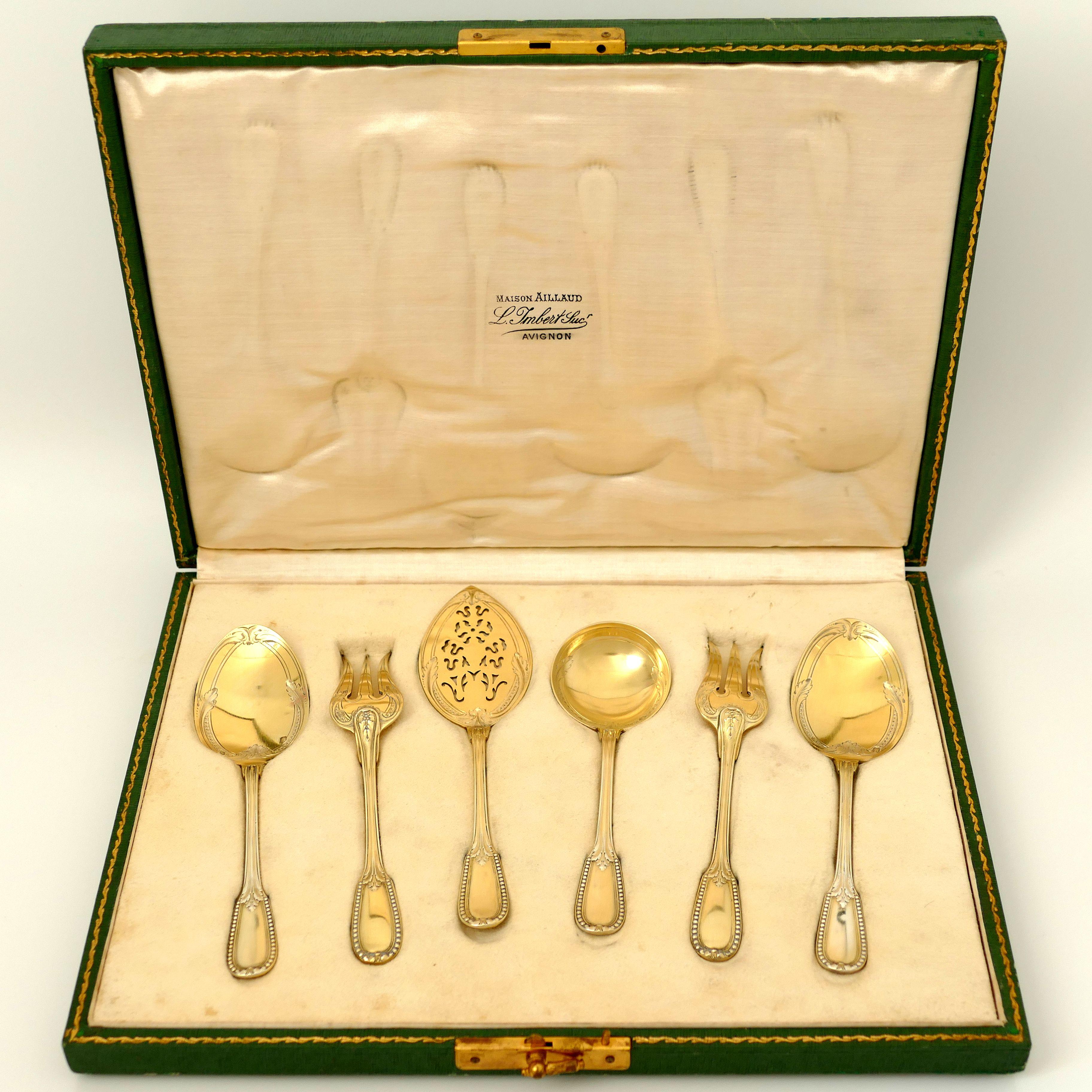 Puiforcat French Sterling Silver 18k Gold Dessert Hors D'oeuvre Set 6 Pc, Box For Sale 5