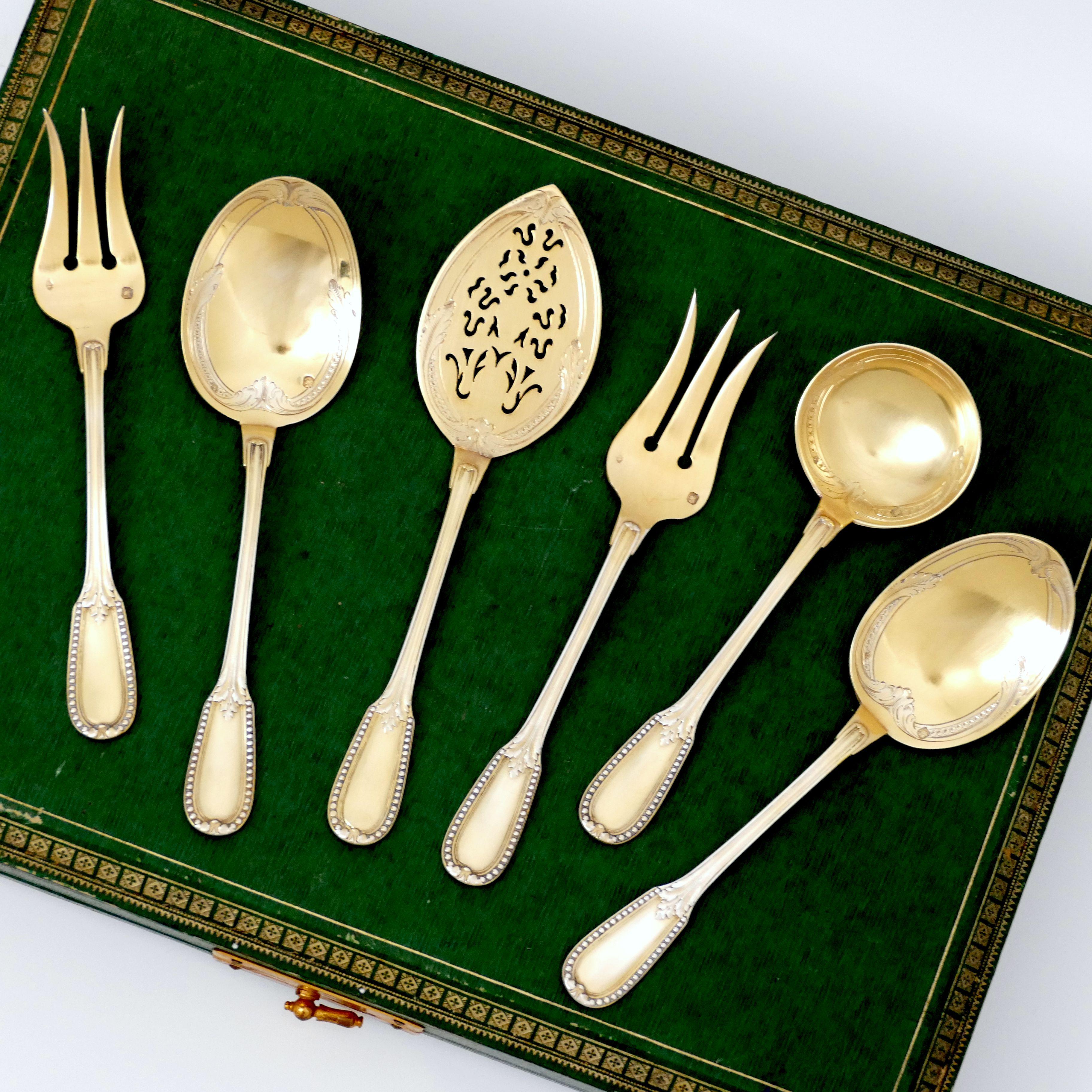 Late 19th Century Puiforcat French Sterling Silver 18k Gold Dessert Hors D'oeuvre Set 6 Pc, Box For Sale