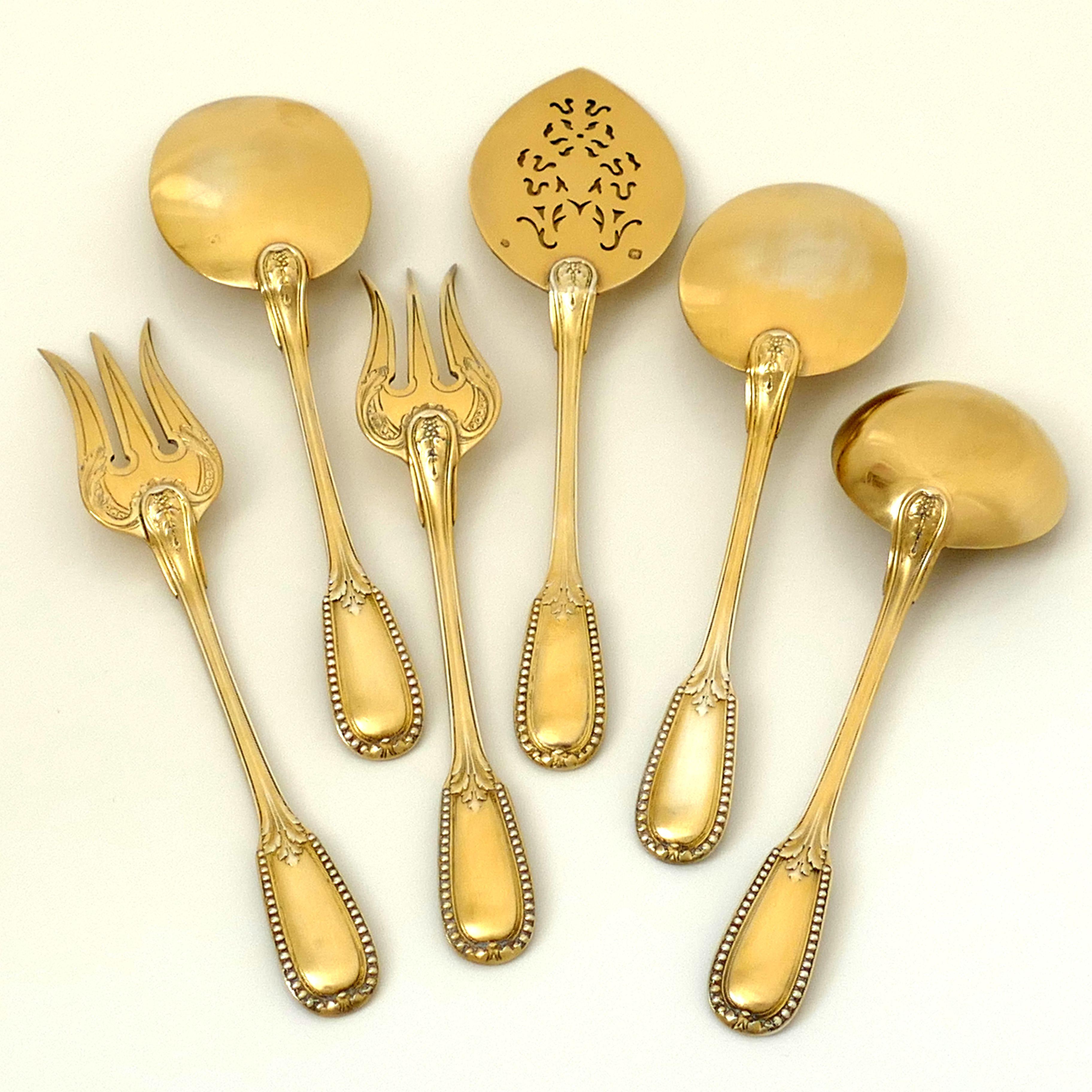 Puiforcat French Sterling Silver 18k Gold Dessert Hors D'oeuvre Set 6 Pc, Box For Sale 1