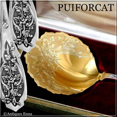 Puiforcat French Sterling Silver 18k Gold Strawberry Spoon, Original Box, Moderne