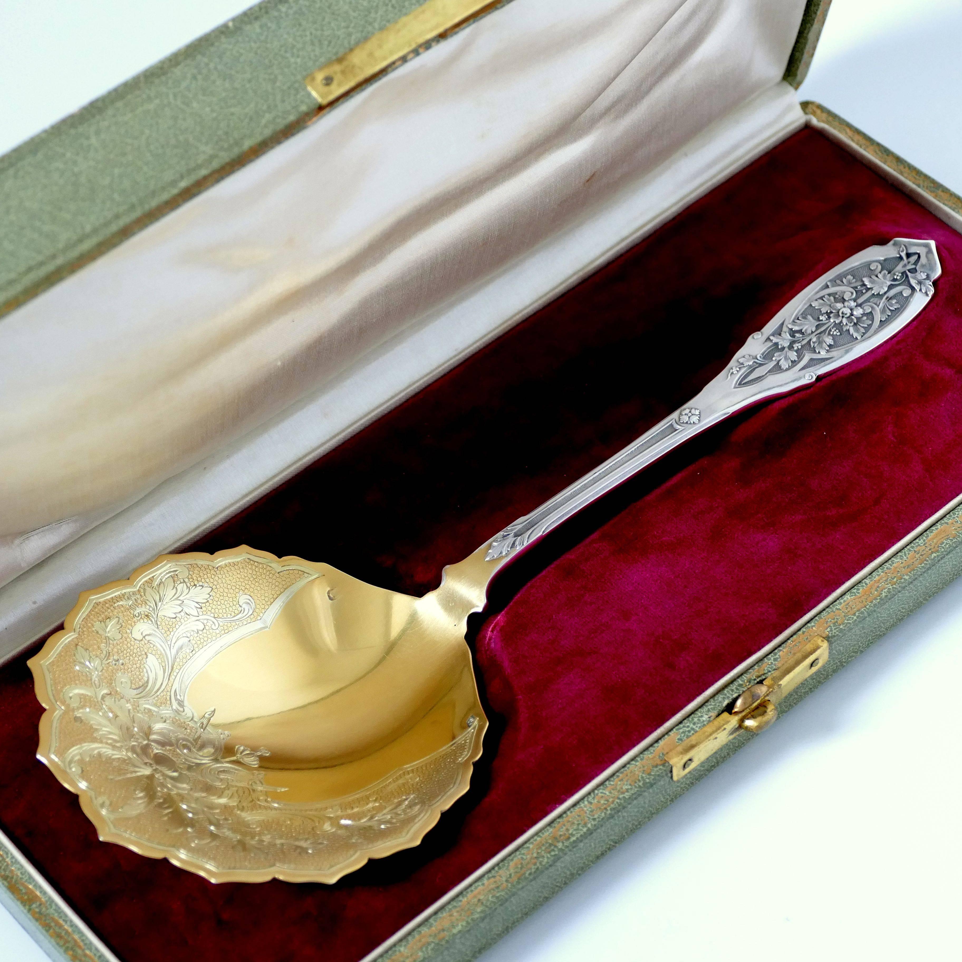 Late 19th Century Puiforcat French Sterling Silver 18k Gold Strawberry Spoon, Original Box, Moderne For Sale