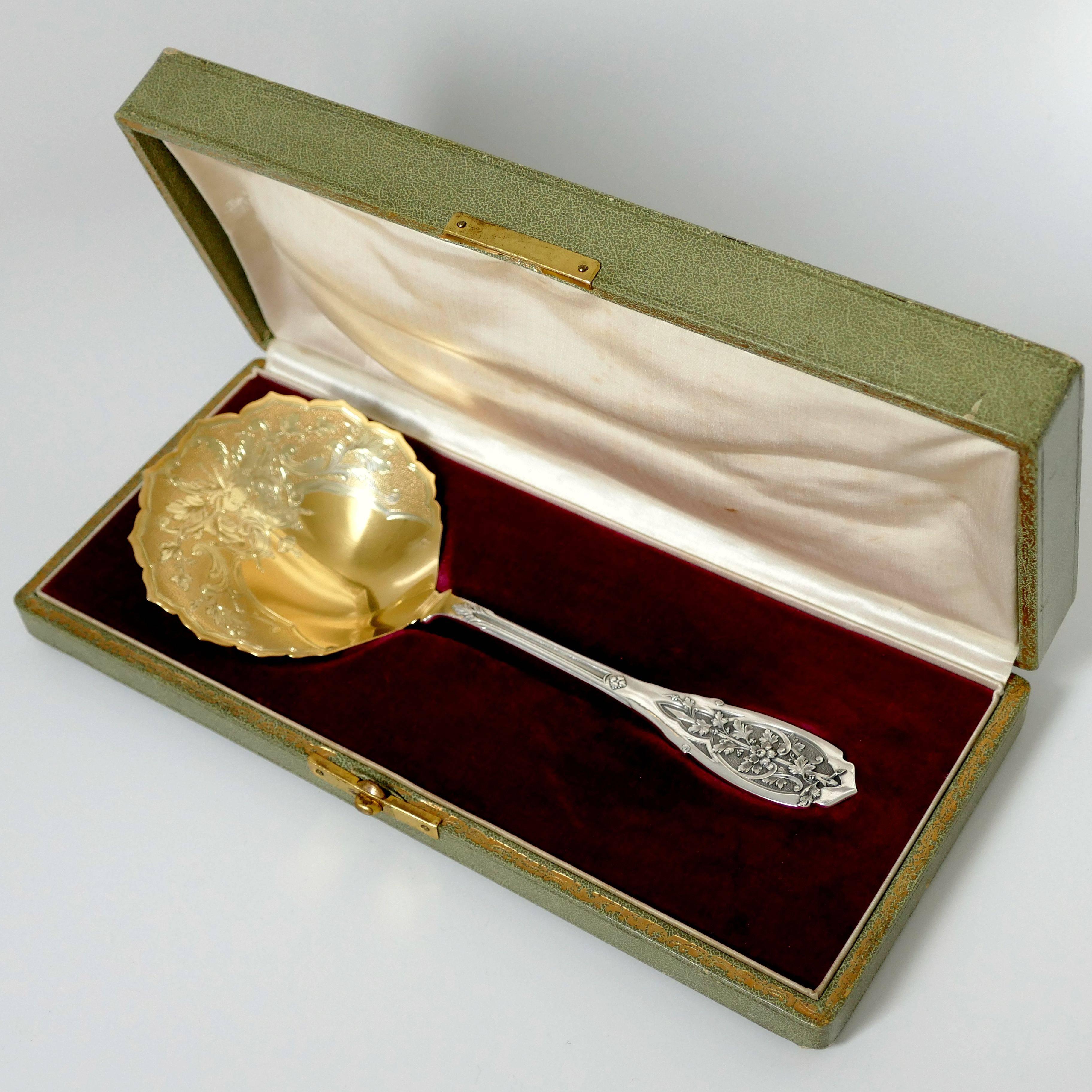 Puiforcat French Sterling Silver 18k Gold Strawberry Spoon, Original Box, Moderne For Sale 2