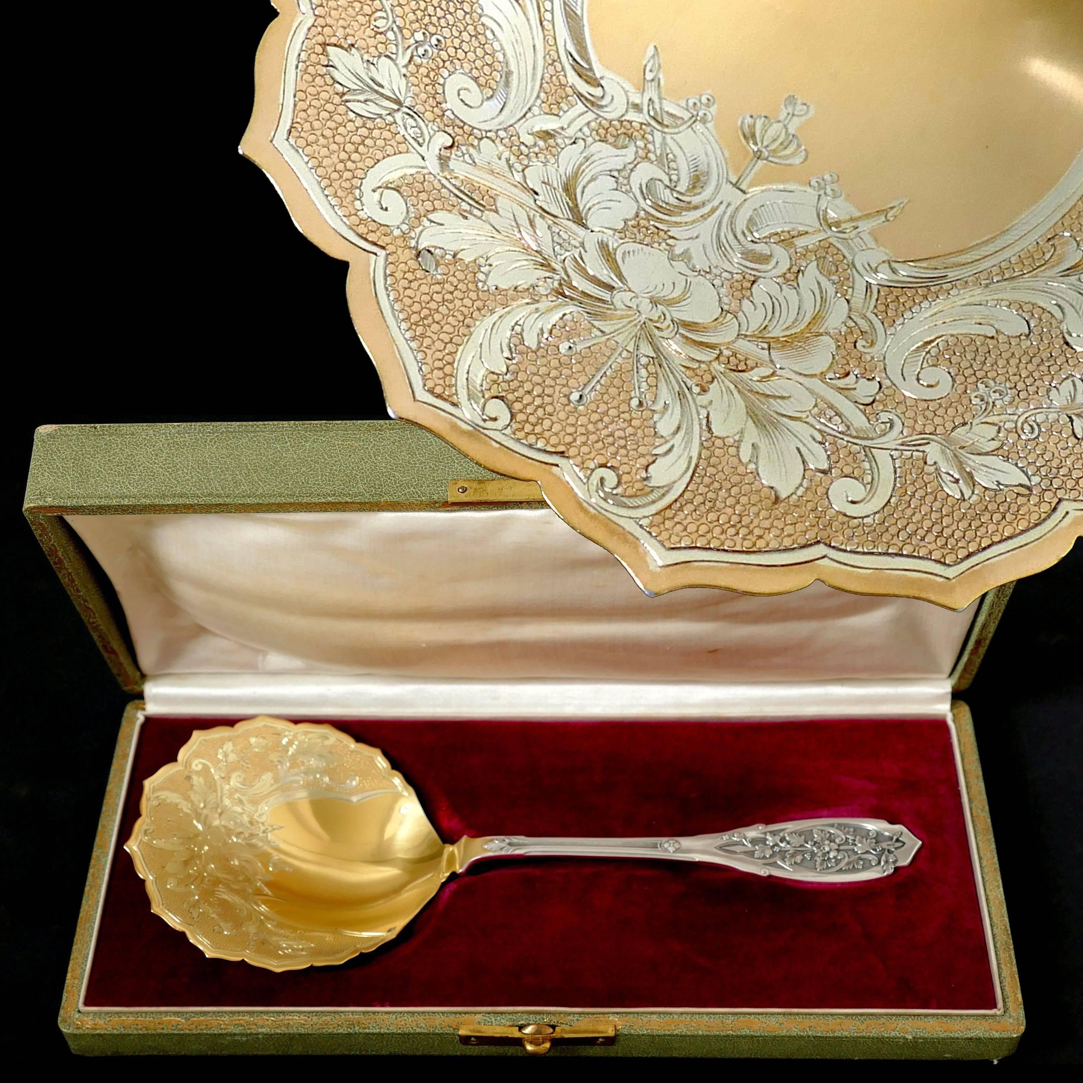 Puiforcat French Sterling Silver 18k Gold Strawberry Spoon, Original Box, Moderne For Sale 4