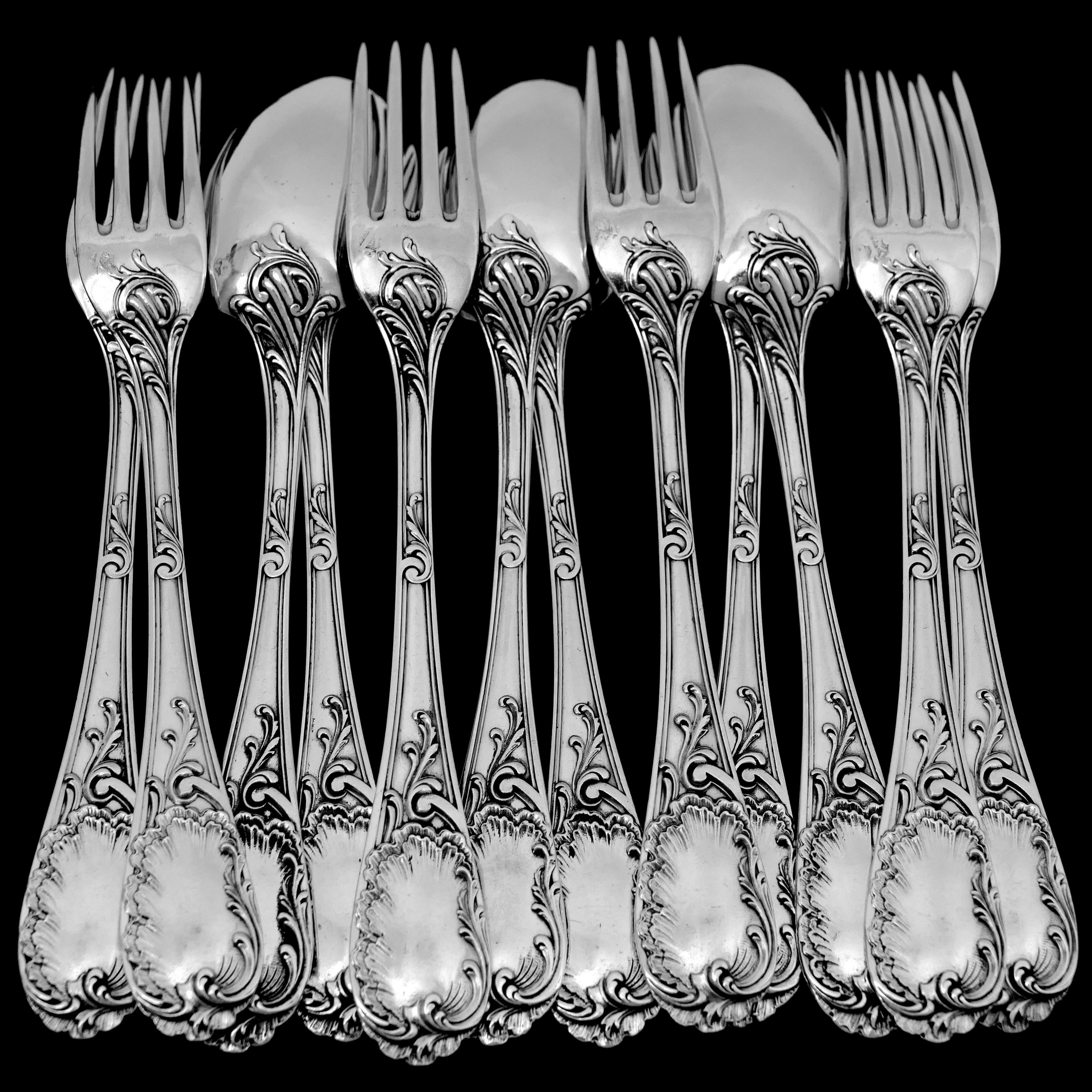 Puiforcat French Sterling Silver Dessert Entremet Flatware Set of 12 Pc Rococo For Sale 6