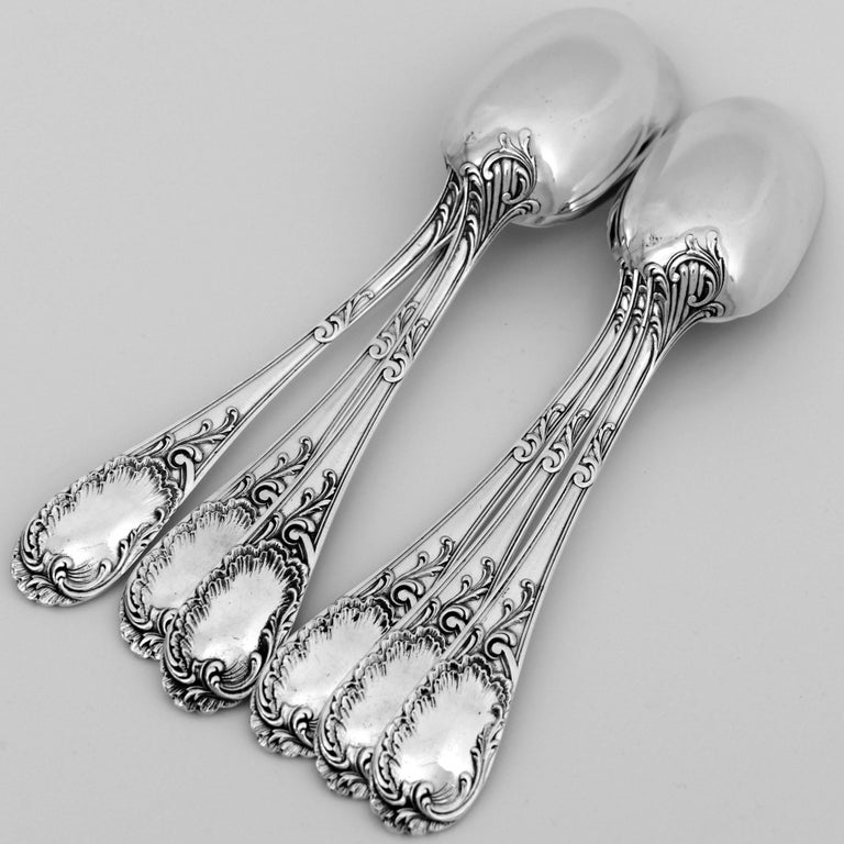 Puiforcat French Sterling Silver Dessert Entremet Flatware Set of 12 Pc Rococo For Sale 7