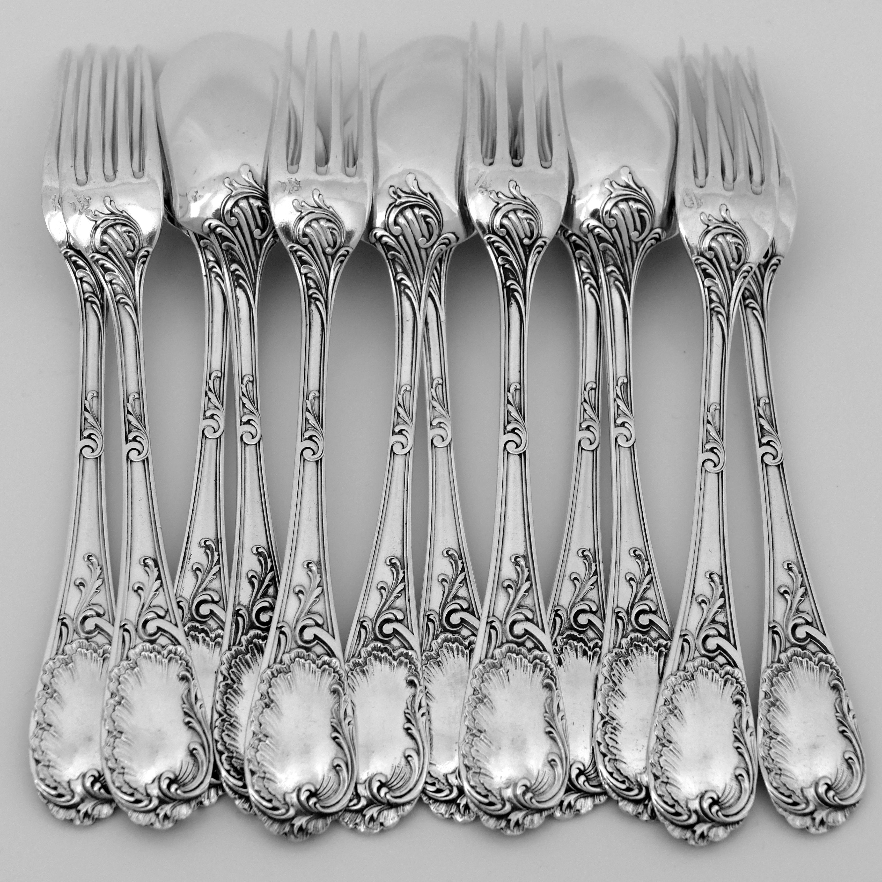 Late 19th Century Puiforcat French Sterling Silver Dessert Entremet Flatware Set of 12 Pc Rococo For Sale