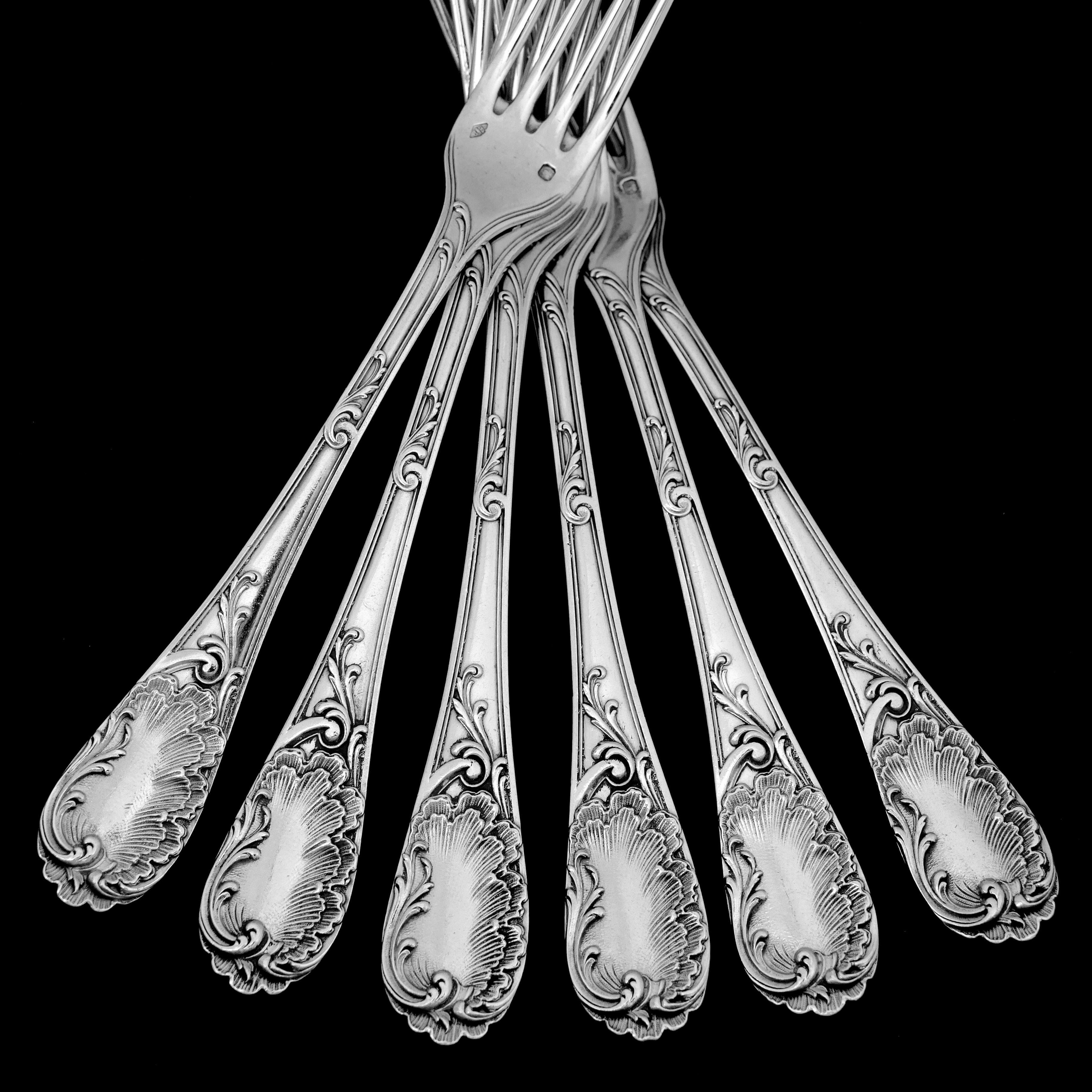 Puiforcat French Sterling Silver Dessert Entremet Flatware Set of 12 Pc Rococo For Sale 1