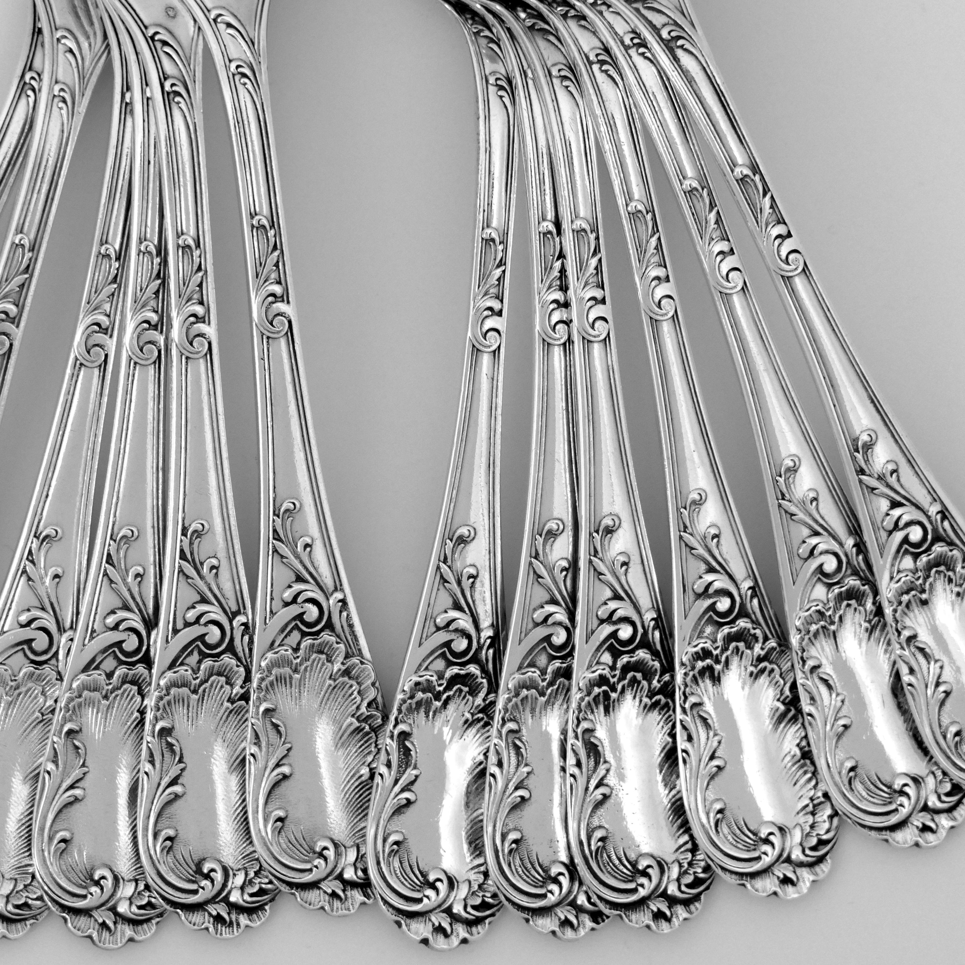 Puiforcat French Sterling Silver Dessert Entremet Flatware Set of 12 Pc Rococo For Sale 3