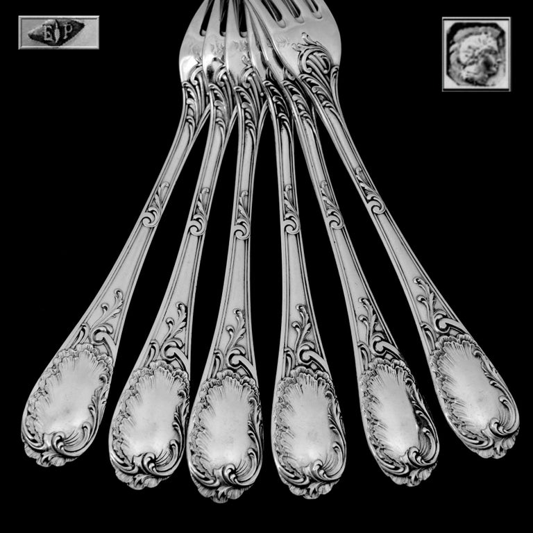 Puiforcat French Sterling Silver Dessert Entremet Flatware Set of 12 Pc Rococo For Sale 5