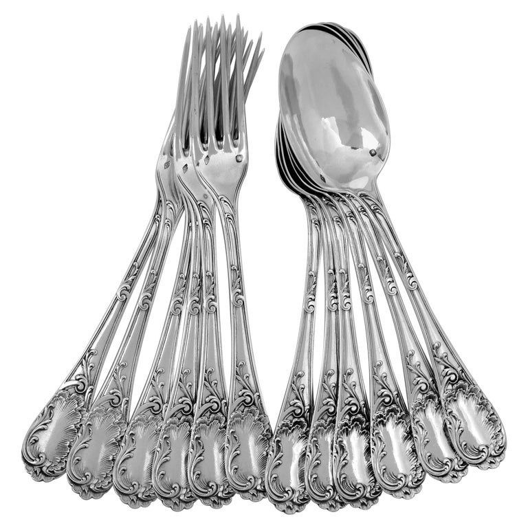 Puiforcat French Sterling Silver Dessert Entremet Flatware Set of 12 Pc Rococo For Sale