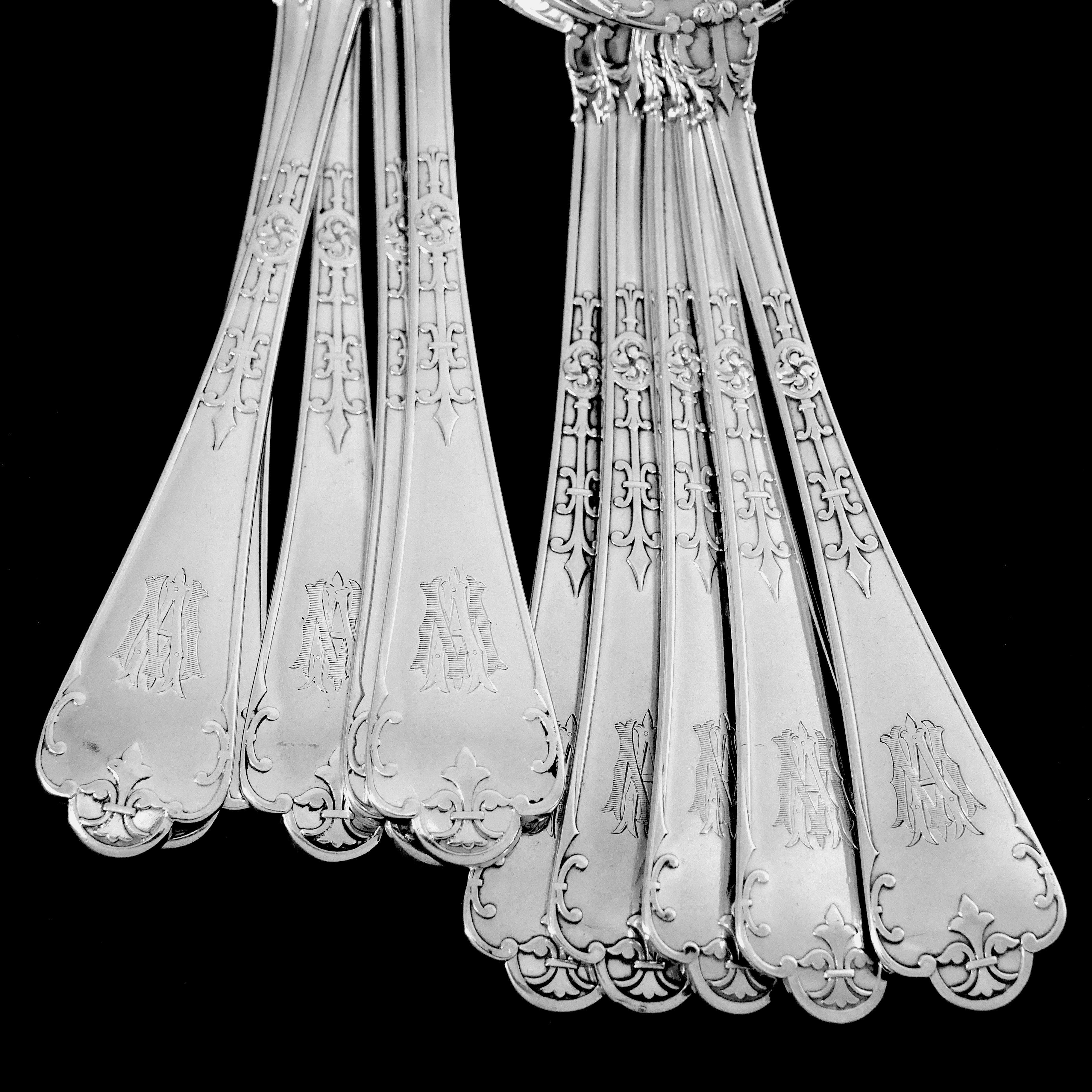 Puiforcat French Sterling Silver Dinner Dessert Flatware Set, Fer De Lance For Sale 4