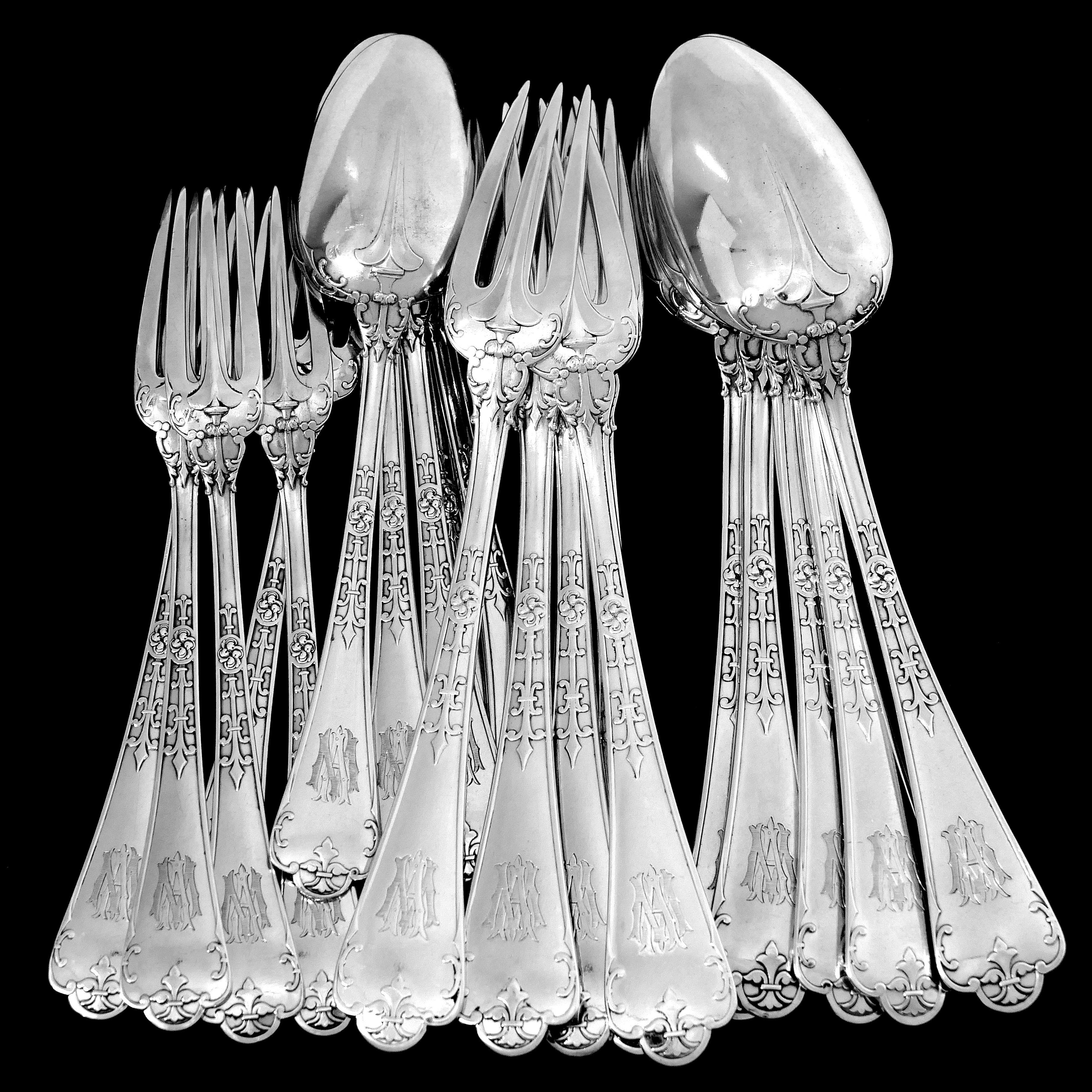Puiforcat French Sterling Silver Dinner Dessert Flatware Set, Fer De Lance For Sale 5