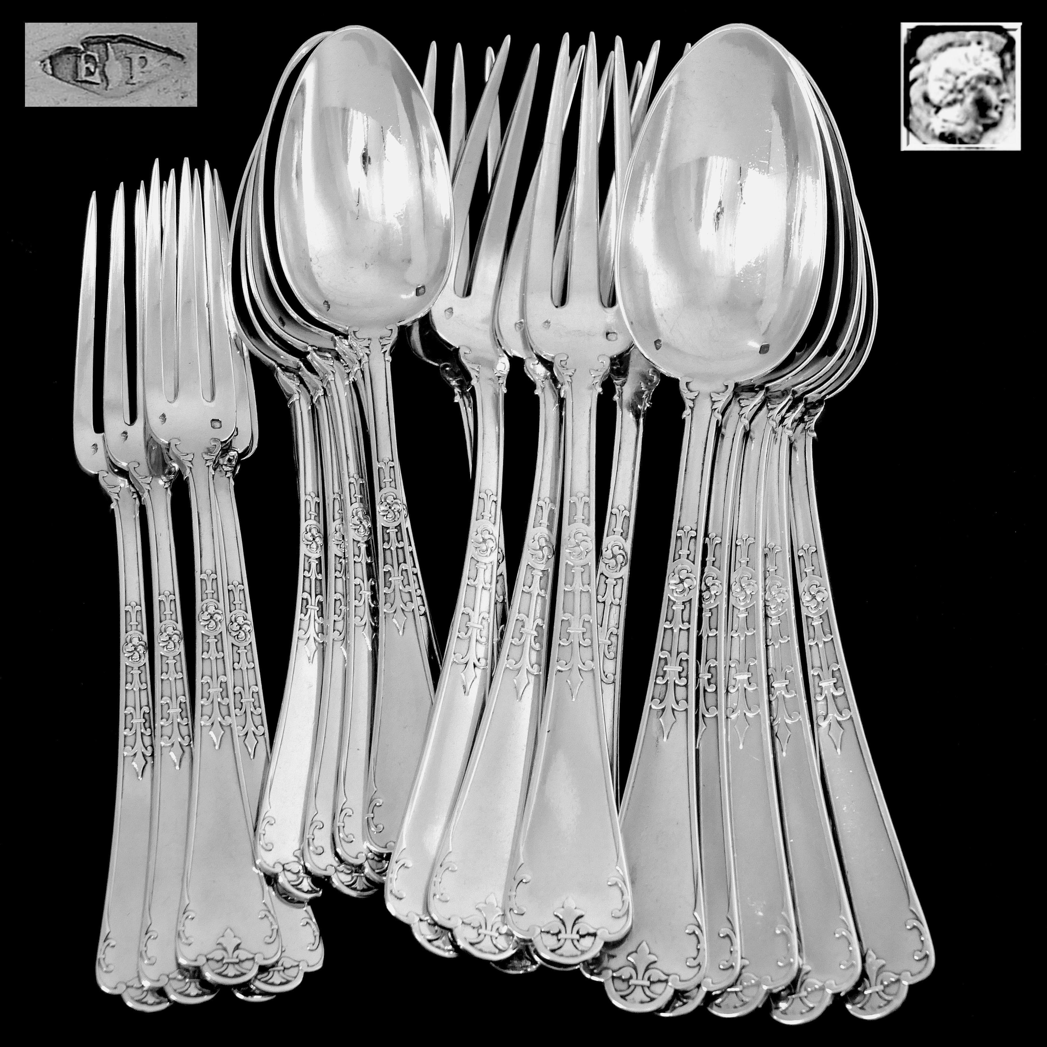 Gothic Puiforcat French Sterling Silver Dinner Dessert Flatware Set, Fer De Lance For Sale