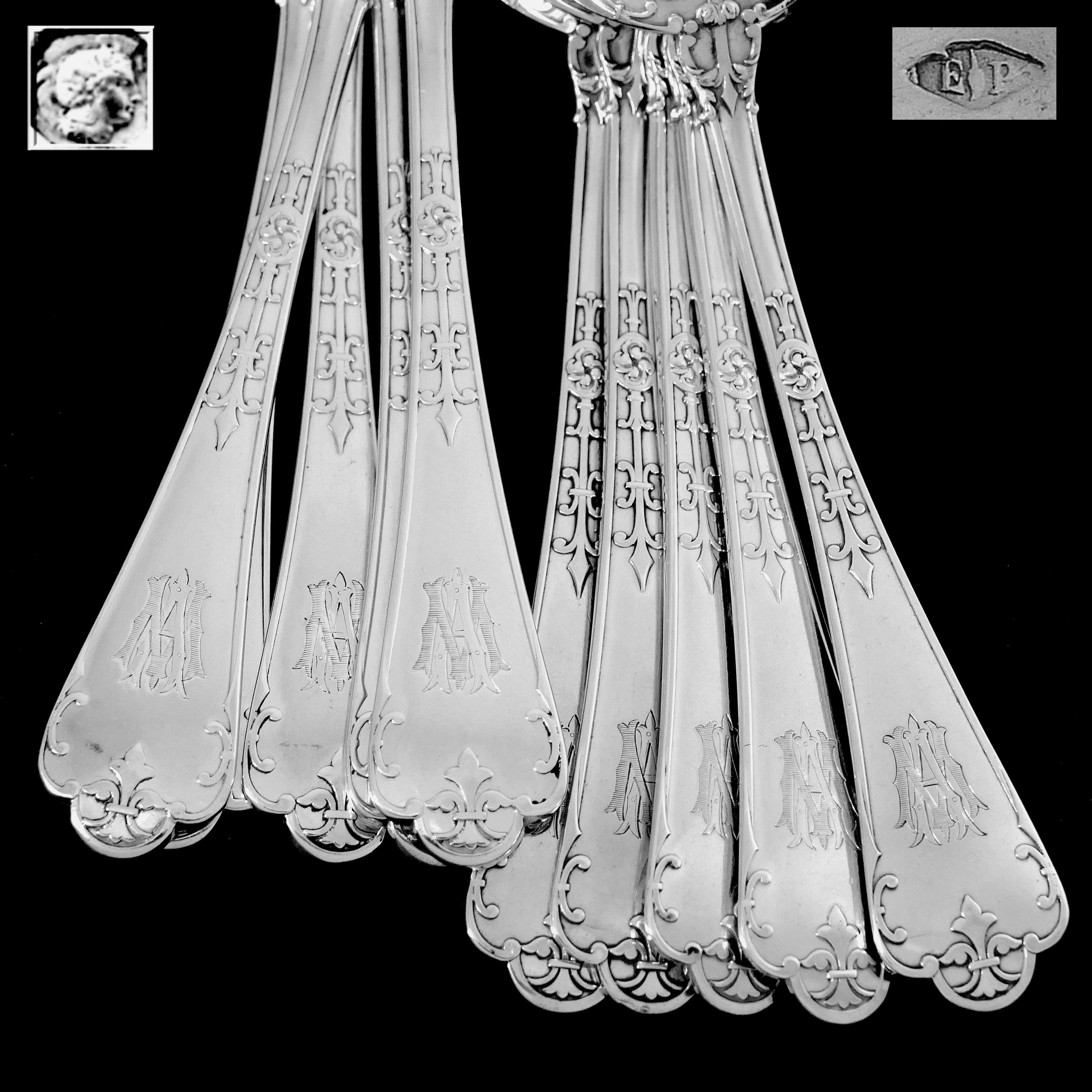 Puiforcat French Sterling Silver Dinner Dessert Flatware Set, Fer De Lance For Sale 2