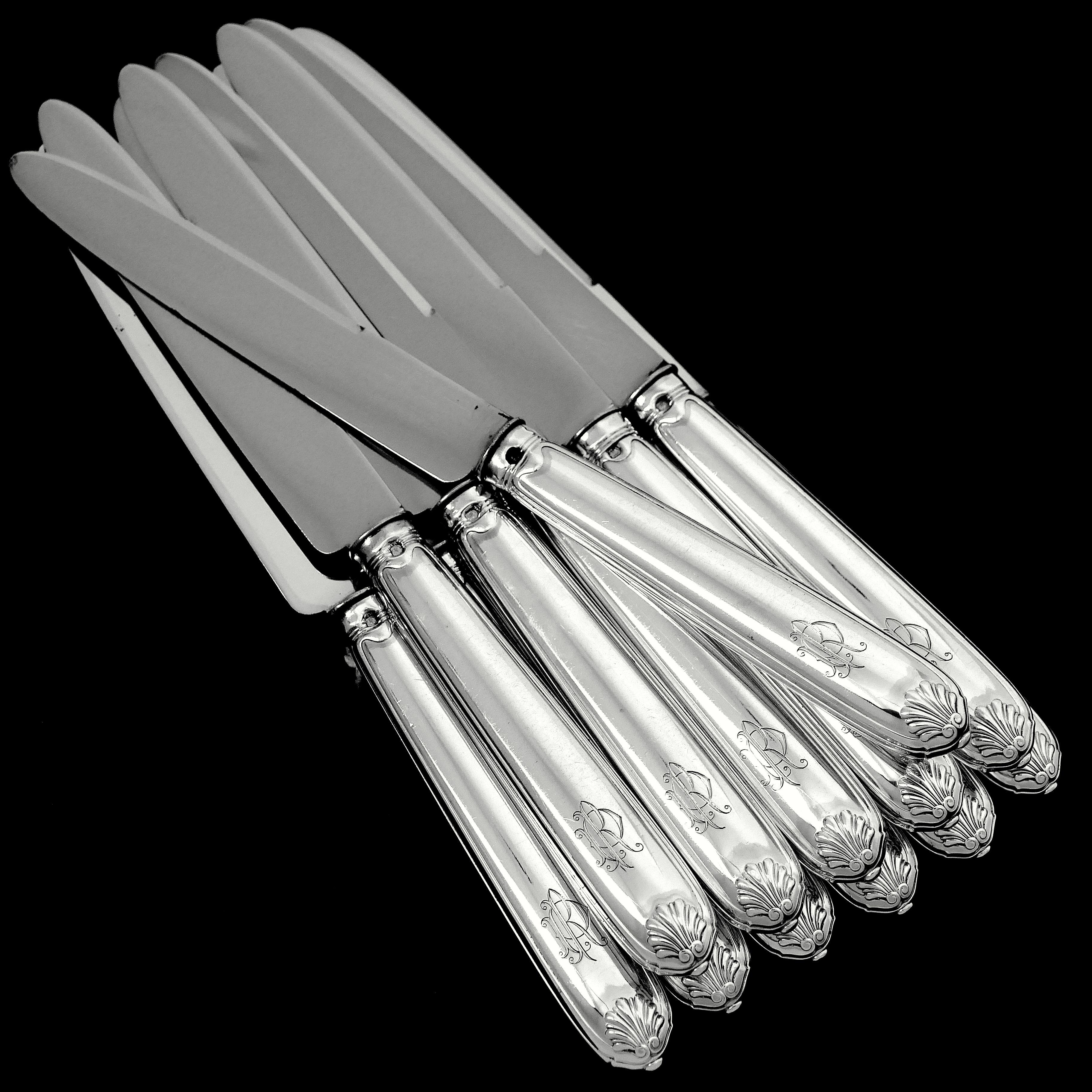 Rococo Puiforcat French Sterling Silver Dinner Dessert Knife Set 24 Pc, Box, Shell For Sale
