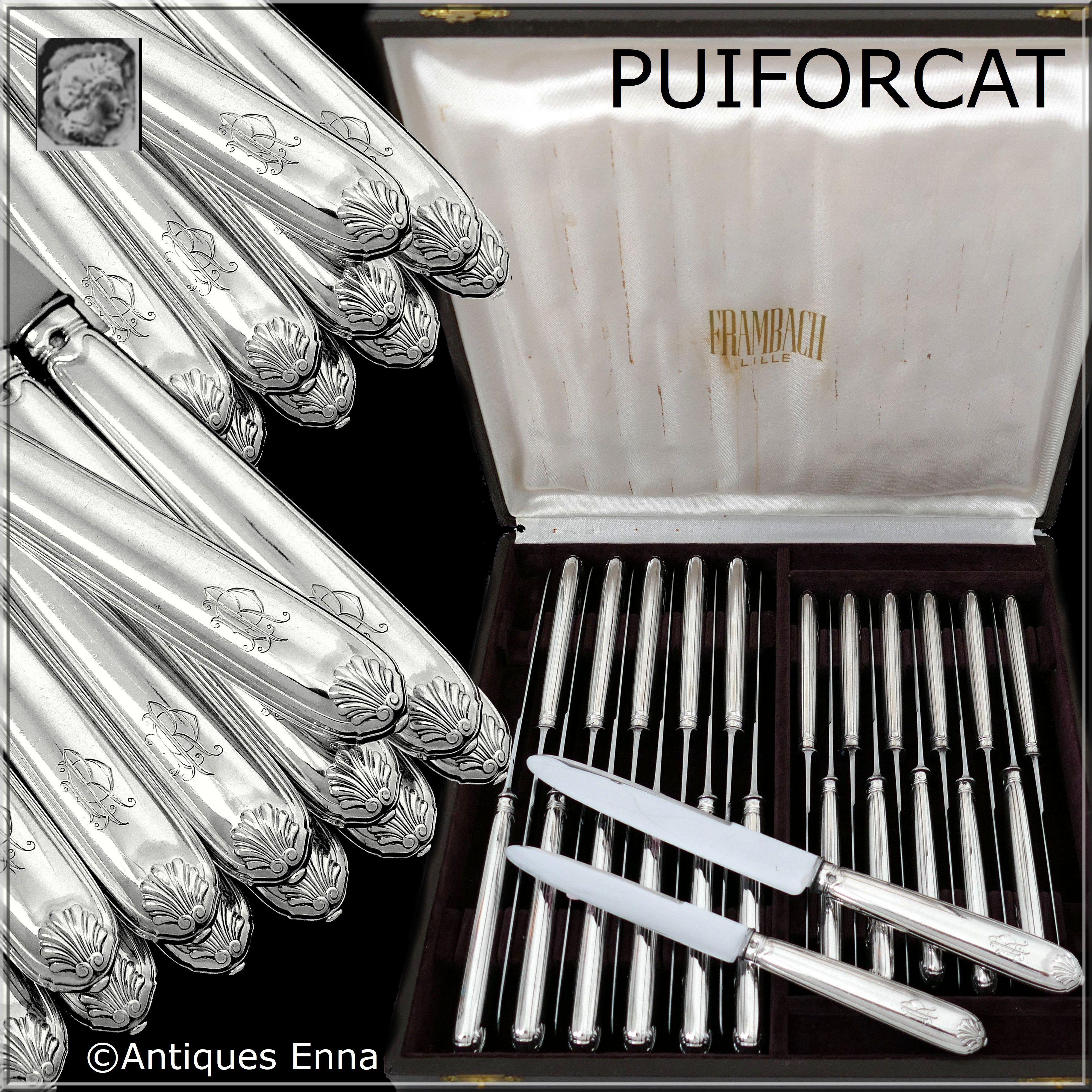 Puiforcat French Sterling Silver Dinner Dessert Knife Set 24 Pc, Box, Shell In Good Condition For Sale In TRIAIZE, PAYS DE LOIRE