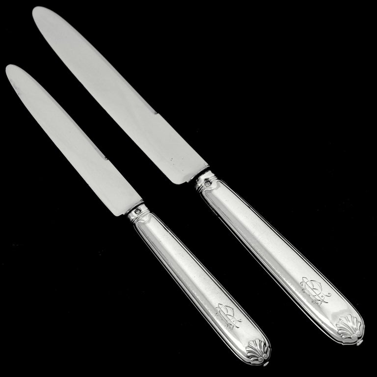Puiforcat French Sterling Silver Dinner Dessert Knife Set 24 Pc, Box, Shell For Sale at 1stDibs