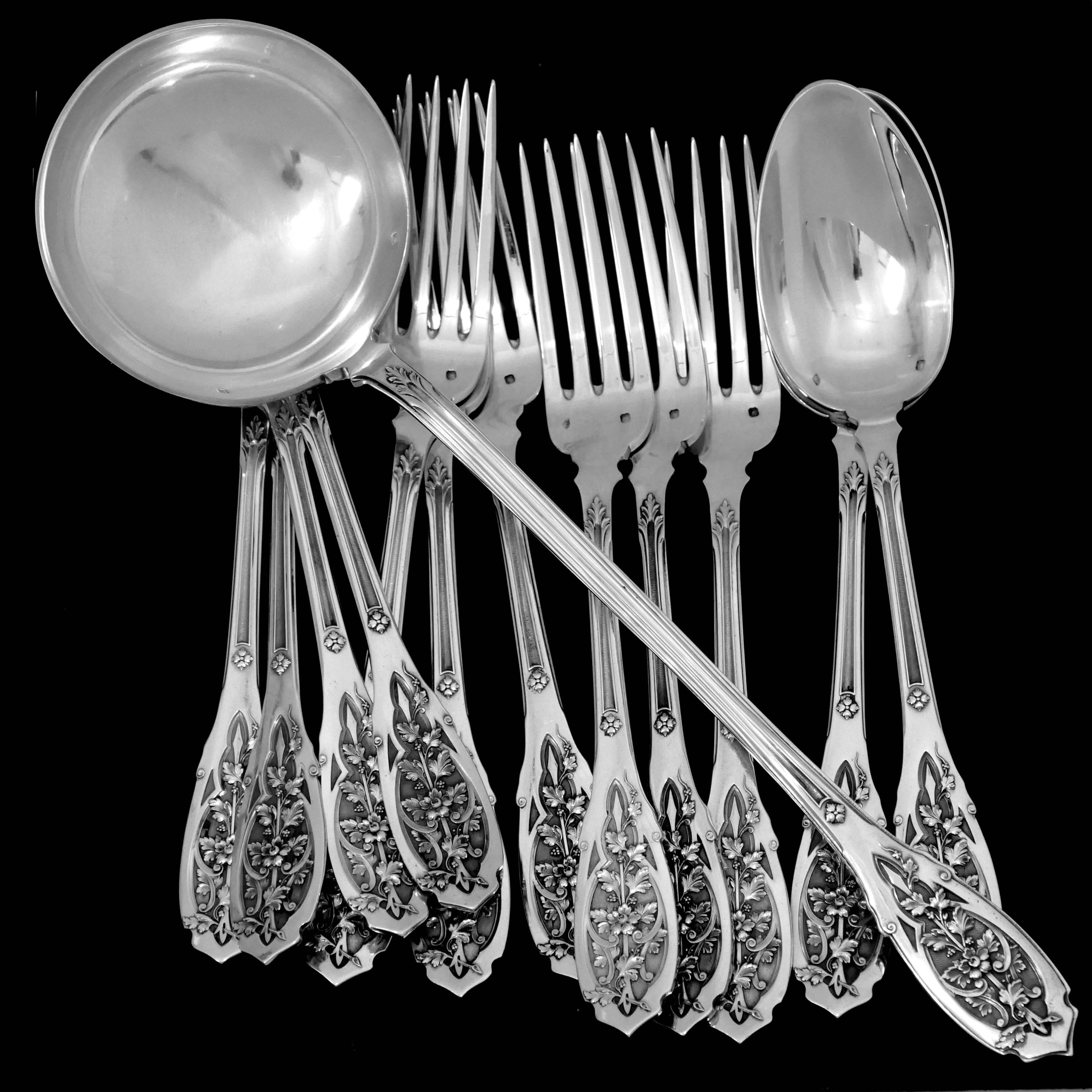 Puiforcat French Sterling Silver Dinner Flatware Set 12 Pc with Ladle, Moderne For Sale 5