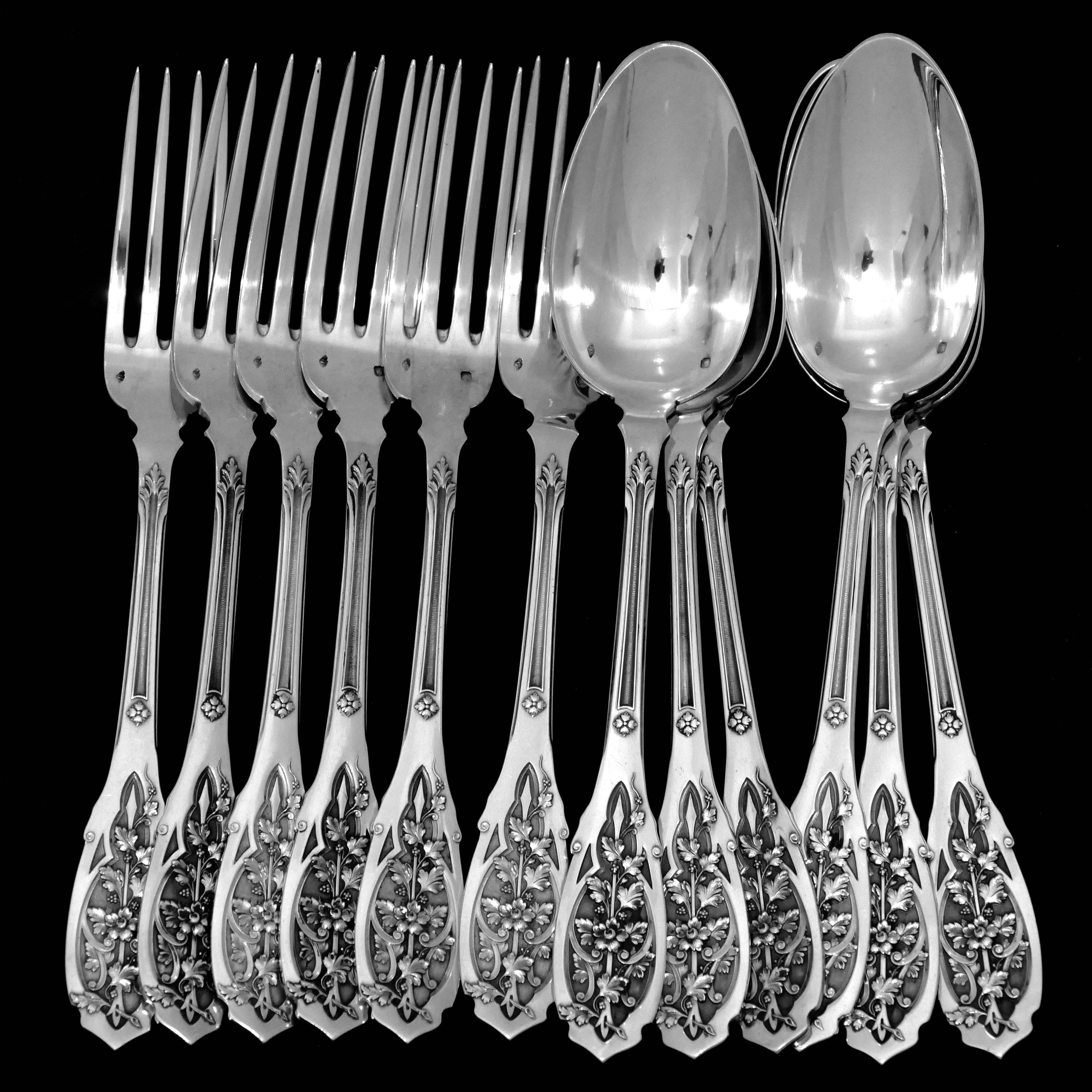 Puiforcat French Sterling Silver Dinner Flatware Set 12 Pc with Ladle, Moderne For Sale 6