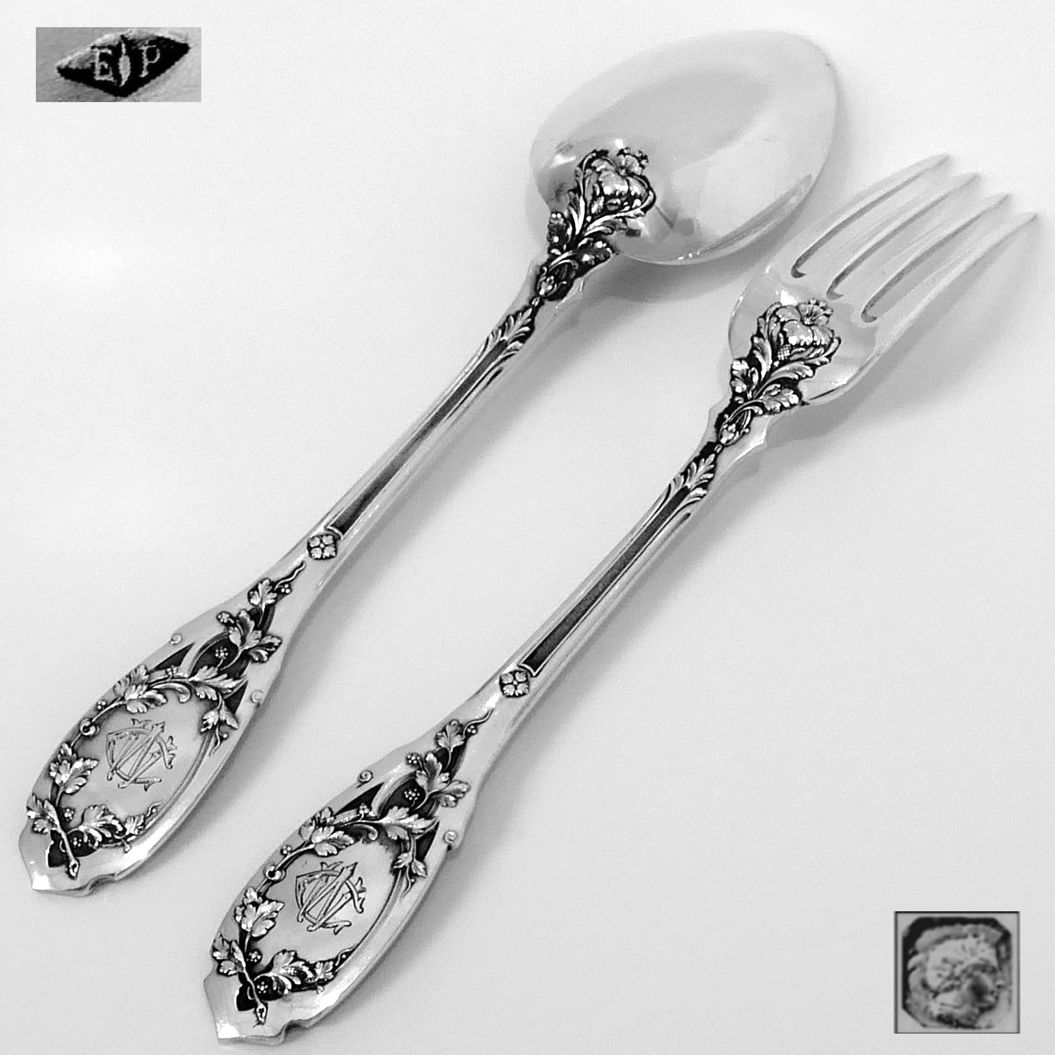 Art Nouveau Puiforcat French Sterling Silver Dinner Flatware Set 12 Pc with Ladle, Moderne For Sale